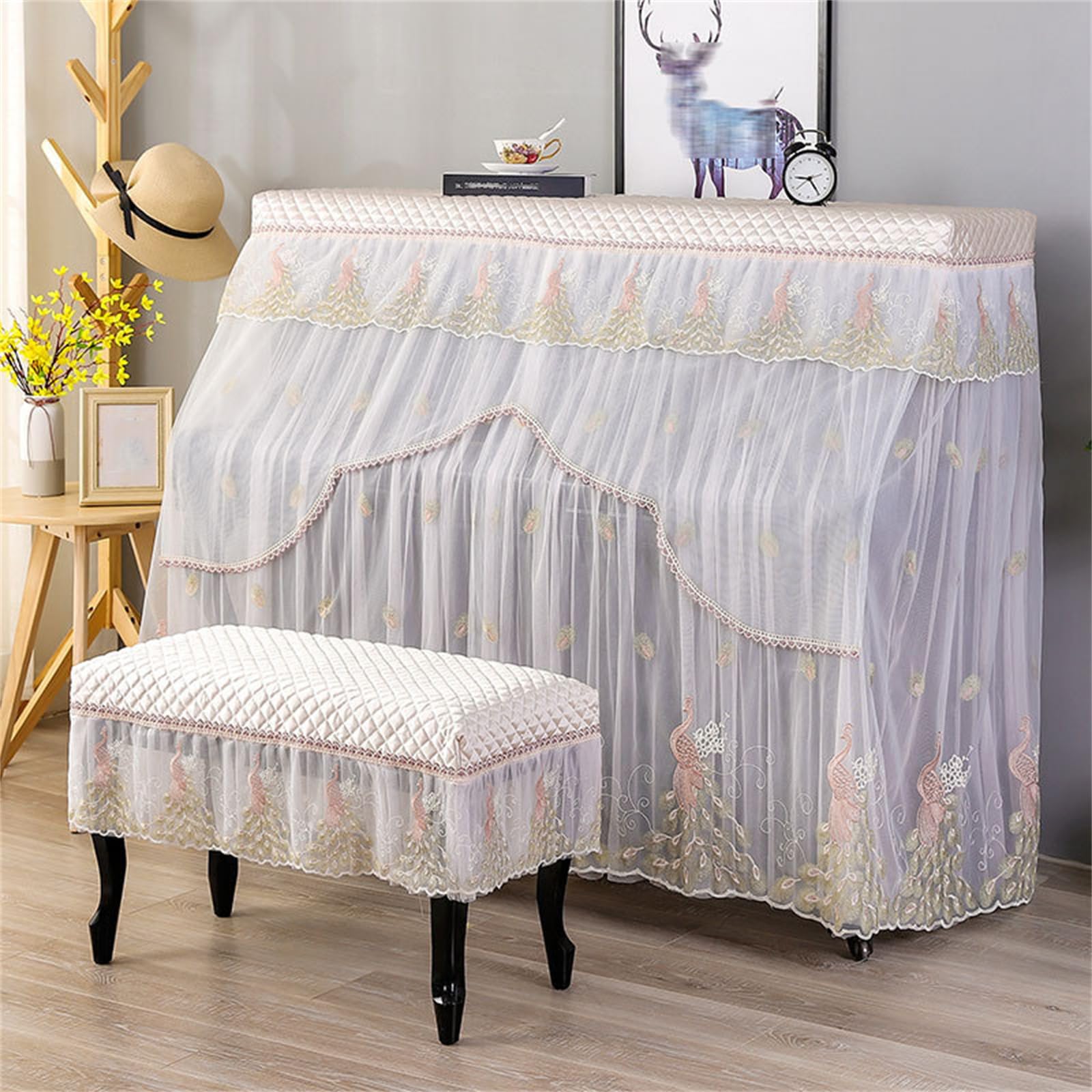 Piano Dust Cover Cloth With Stool Embroidery Lace Thickened Quilting Universal Upright Protective Full For Piano/a/single (a Single Stool)