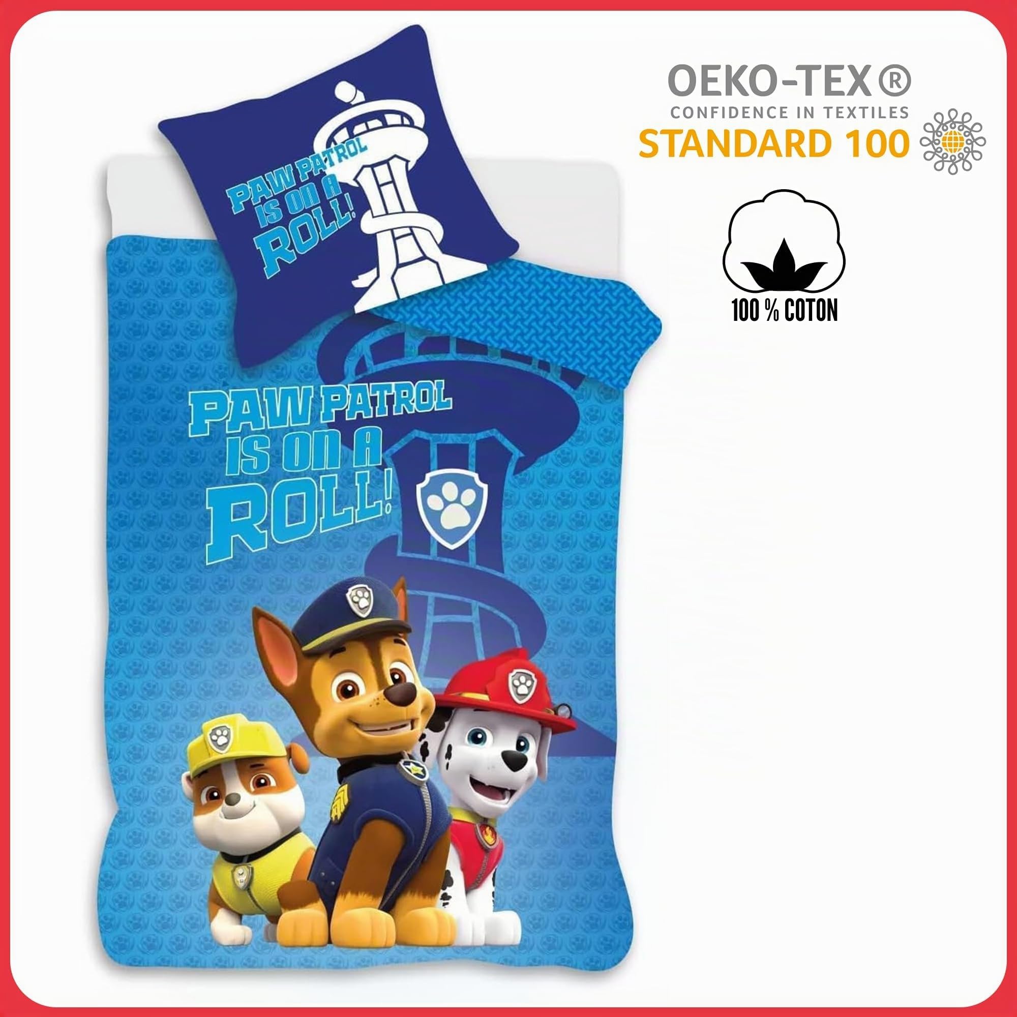 Paw Patrol - Parure de lit pour lit de bébé, housse de couette 100 x 140 cm + taie d'oreiller 40 x 45 cm, 100% coton, douce et respirante, pour lit de nouveau-né ou d'enfant, motif : Paw Patrol