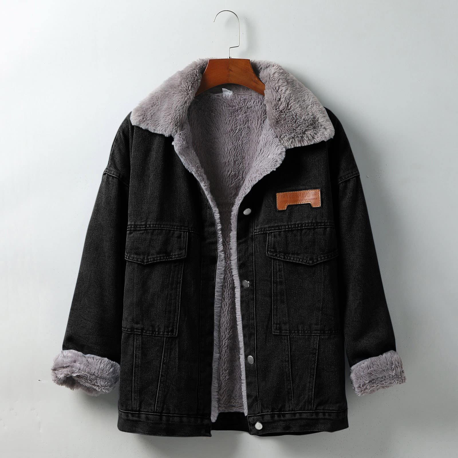 Chaqueta vaquera corta para mujer, chaqueta de invierno forrada de forro polar, cuello de peluche, chaqueta de entretiempo, chaqueta cálida de mezclilla, manga larga, estilo occidental,