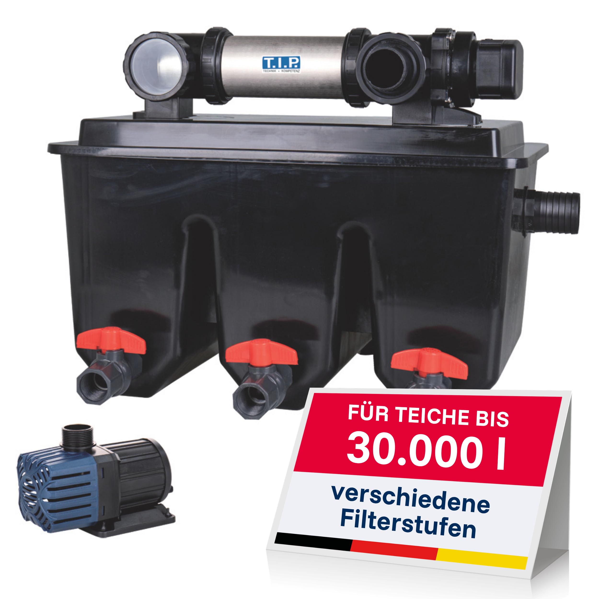 T.I.P. Profi Teichfilter - Teichaußenfilter-Set (30.000l Teichvolumen, up-and-down-Technologie, UV-C 24W, Mehrkammersystem, inkl. Pumpe, UV-C Strahler, Filtermaterial) MTS 30000 UV 24 INOX, 30288