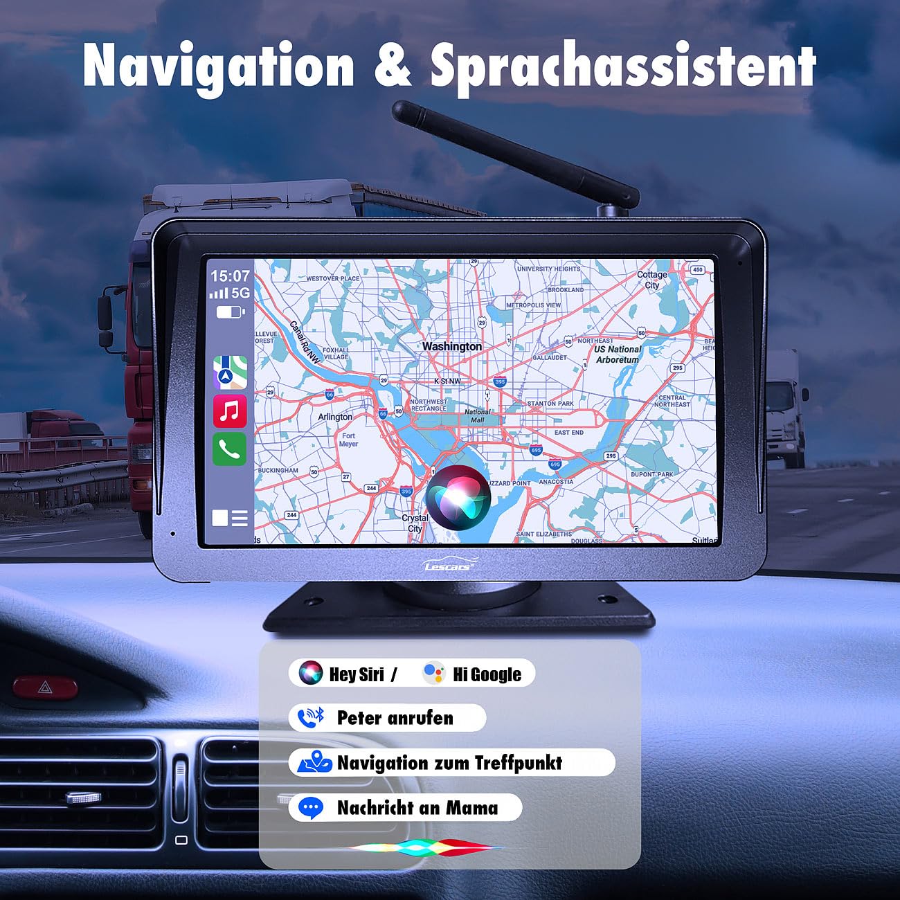 Lescars Einparkhilfe: Kabelloses Solar-Funk-Rückfahrkamera-Set, CarPlay-/Android-Auto-komp. (Abstandssensor & Rückfahrkamera, Carplay kompatible, Navi)