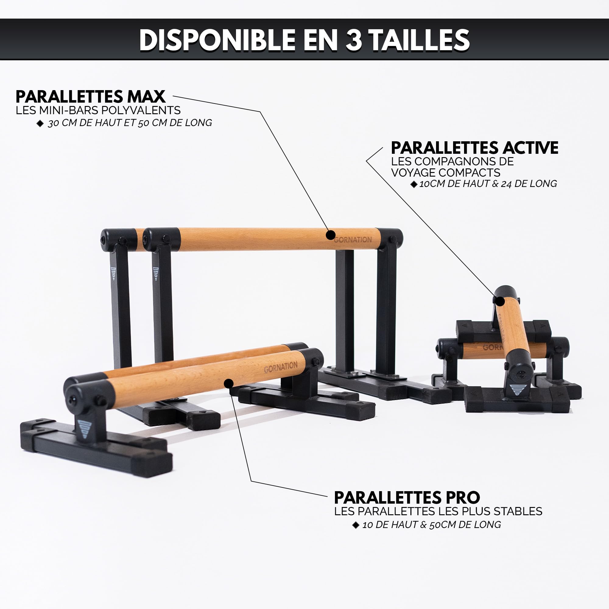 GORNATION Parallettes pour Calisthenics, Barres Parallèles de Street Workout pour Equilibres, Pompes et plus, Poignées de Pompes Antidérapantes en Bois pour Fitness, Accessoire Musculation