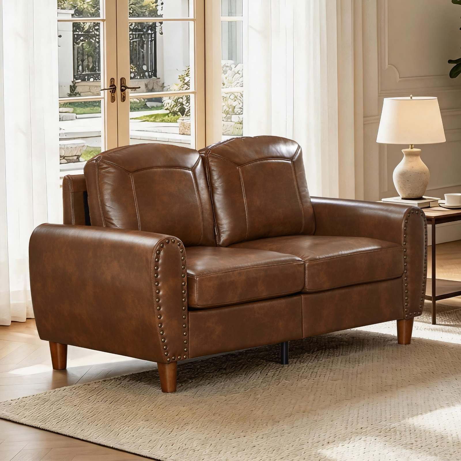 59" Loveseat Sofa with Rolled Arms, Classic PU Leather Couch, Brown image 7