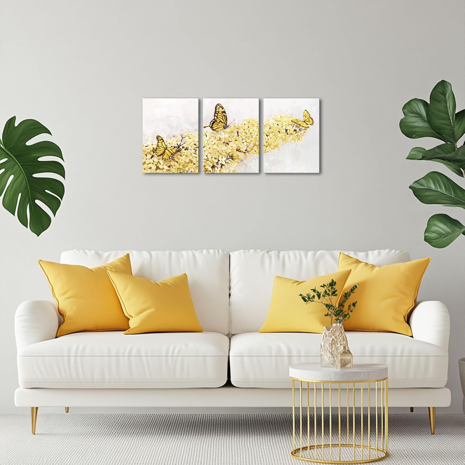 HOMEOART Butterfly and Flower Canvas Wall Art Floral Picture Bathroom Wall Decor Bedroom Art Farmhouse Kitchen Wall Decor, 12x16inchx3Pieces Framed (Yellow)