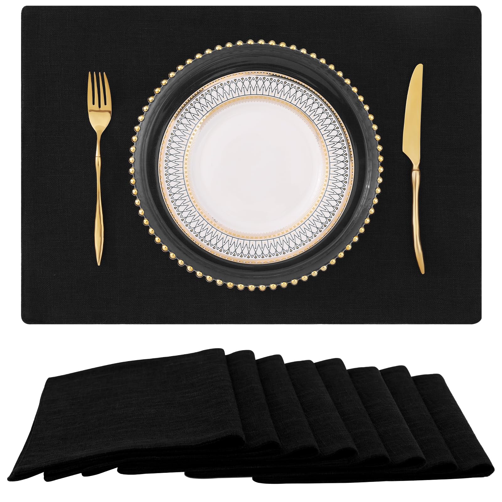 homingBlack Cloth Placemats for Dining Table Set of 8 – Cotton Linen Blend Washable Farmhouse Kitchen Mats for Indoors & Outdoors - Easy to Clean 13 x 19 Inch