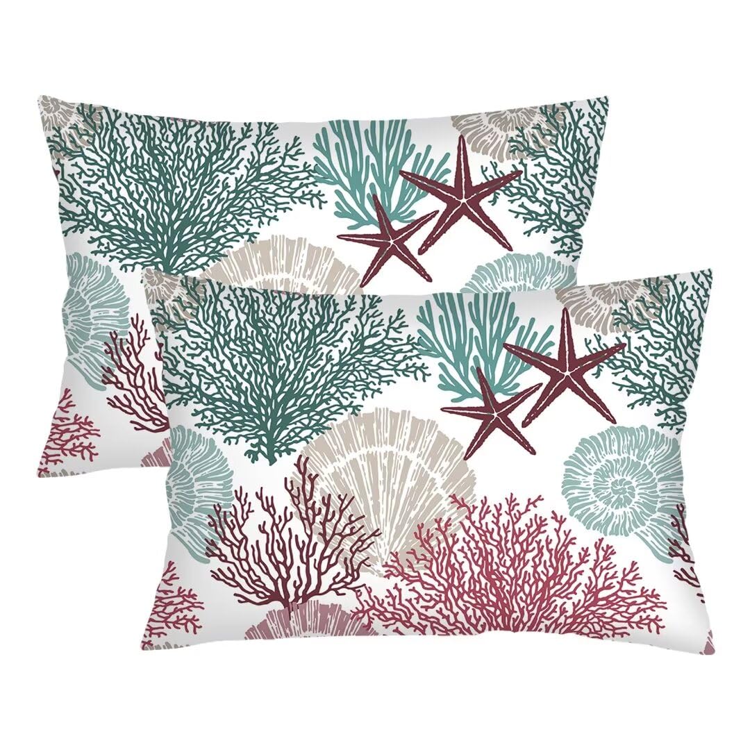 Beach Themed Throw Pillow Cover Queen Size Set of 2,Nautical Ocean Seashell Coral Starfish,Coastal Lumbar Pillow Case Standard Pillow Cases with