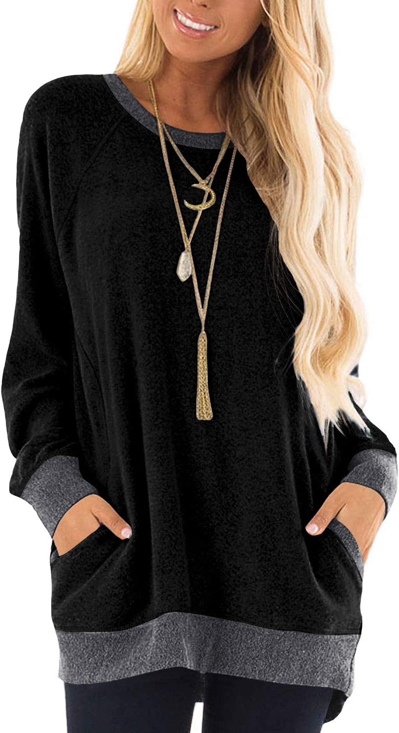 NSQTBA Womens Casual Sweatshirts Long Sleeve Oversized Sweaters with Pocket Shirts Tunic Tops S-2XL