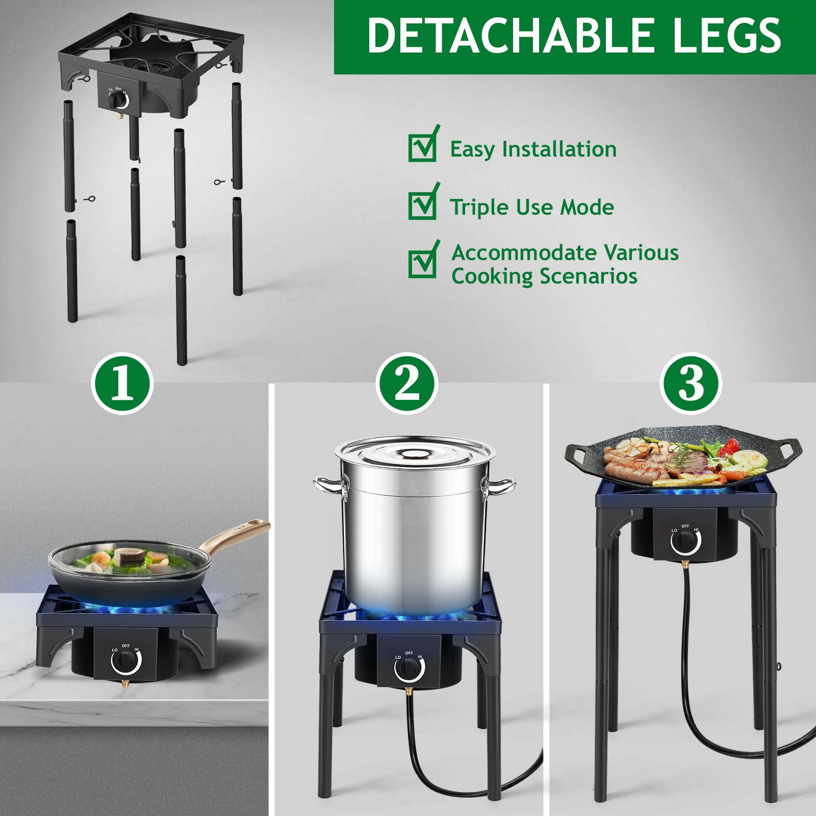 Karl home Estufa de gas propano de 1 quemador para cocinar al aire libre, cocina de camping de 75,000 BTU con patas extraíbles y regulador PSI ajustable para cocinar en el patio trasero, barbacoa,