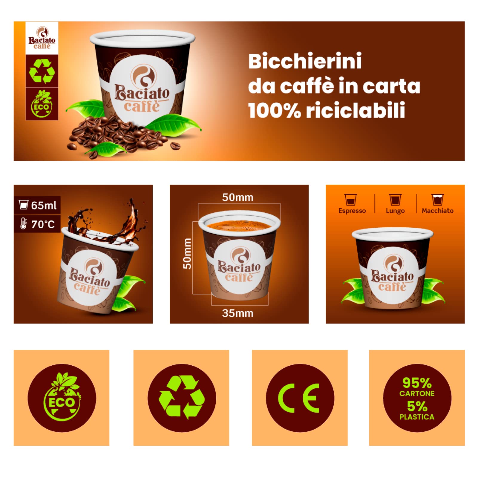 Eurocali Lot de 1000 verres en papier pour café 65 ml biseauté café biodégradable jetable fabriqués en Italie verres à emporter boissons chaudes - produits et emballés en Italie