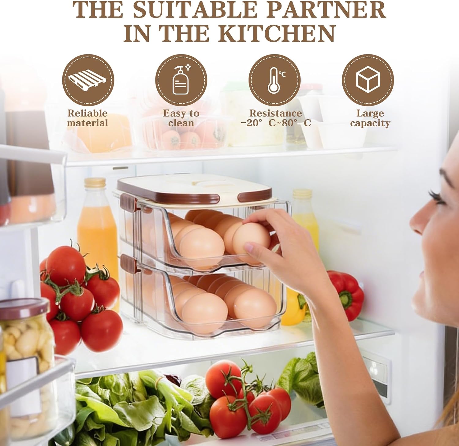 Hushee Egg Dispenser for Refrigerator Stackable Rolling Egg Dispenser with Lid and Handle Organizer Countertop Home Holder for Refrigerator, Stackable Timer and Automatic