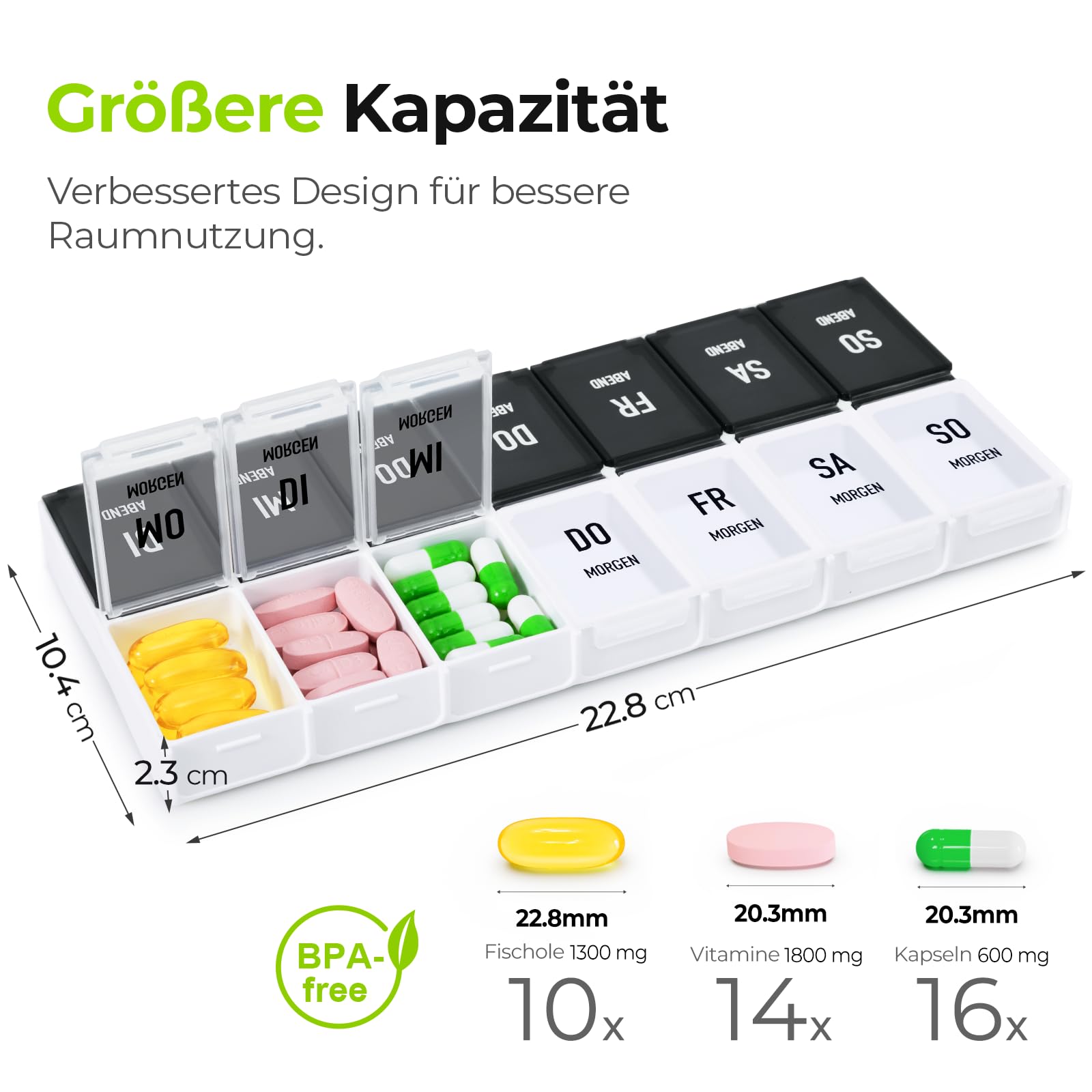 AUVON Tablettenbox 7 Tage Morgens Abends, Handlicher Tablettenbox mit Großen Separaten Fächern für Medikamente, Vitamine, Fischöl, Nahrungsergänzungsmittel usw.