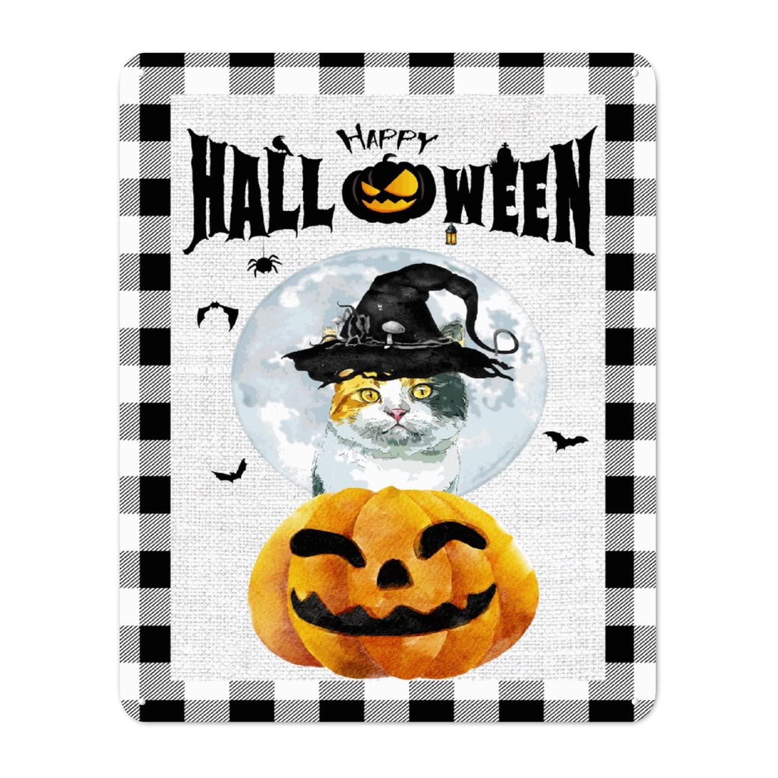 Panneau en métal Happy Halloween avec citrouille, sorcière et chat antique