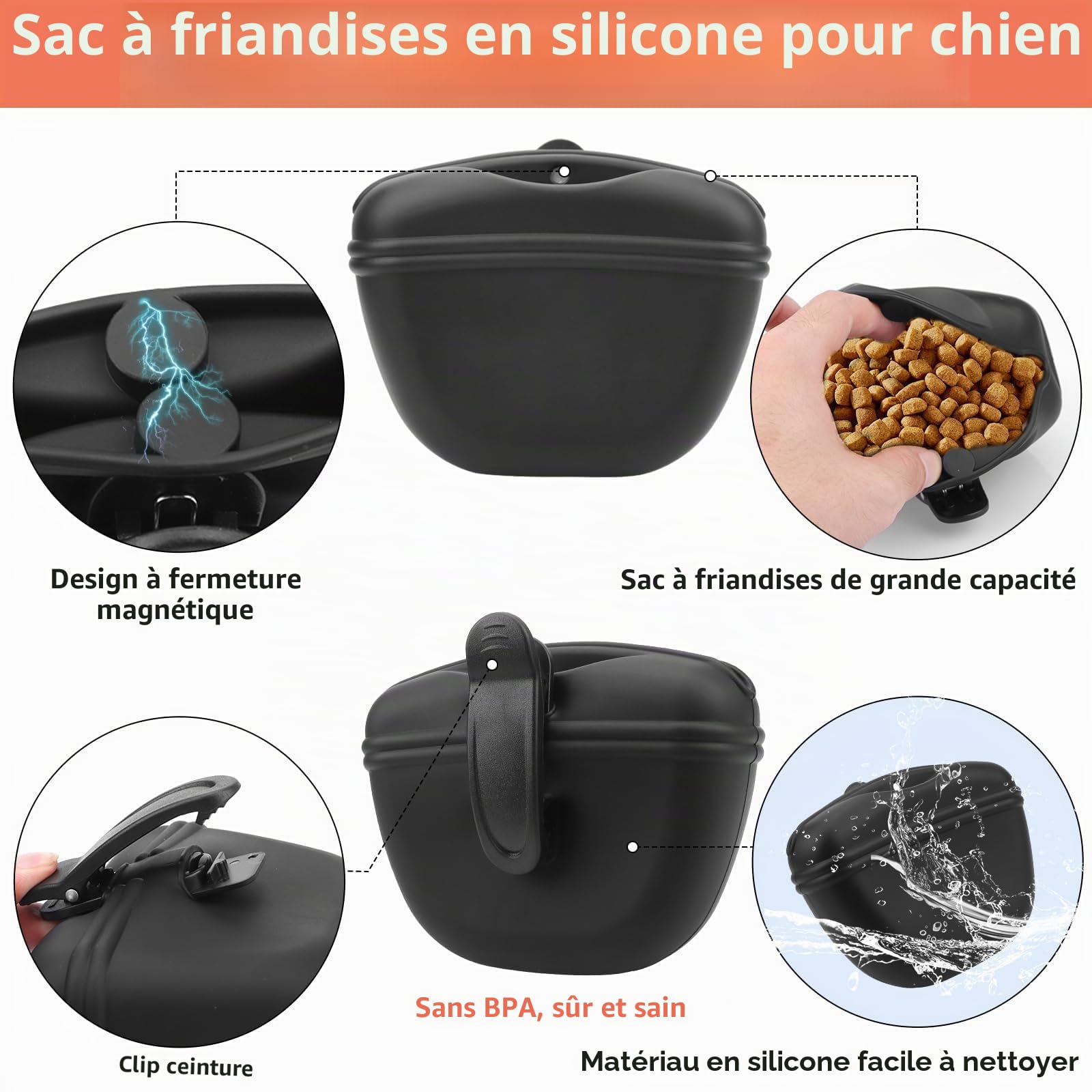 Kit de dressage pour chien – Pochette à friandises pour chien, sac banane de dressage pour animaux de compagnie, clic-clic, sifflet à ultrasons silencieux pour chien, sac à déjections canines (noir)