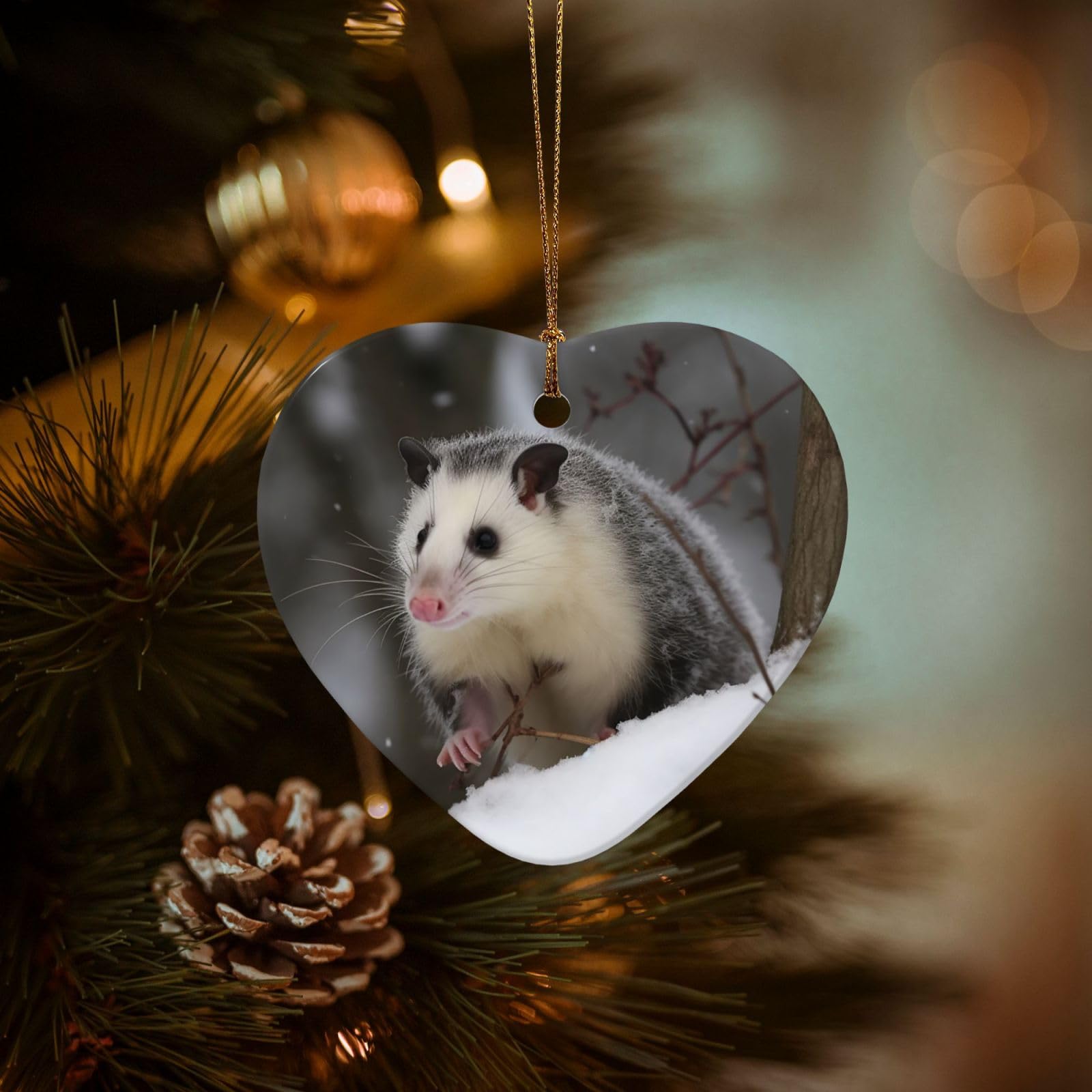 Christmas Ornaments for Christmas Tree Decoration Hanging Opossum in Snow Ornament with Gold Ribbon Crafts Heart Shape Ceramic Pendant for Keepsake Gifts Xmas Decor Party Supplies