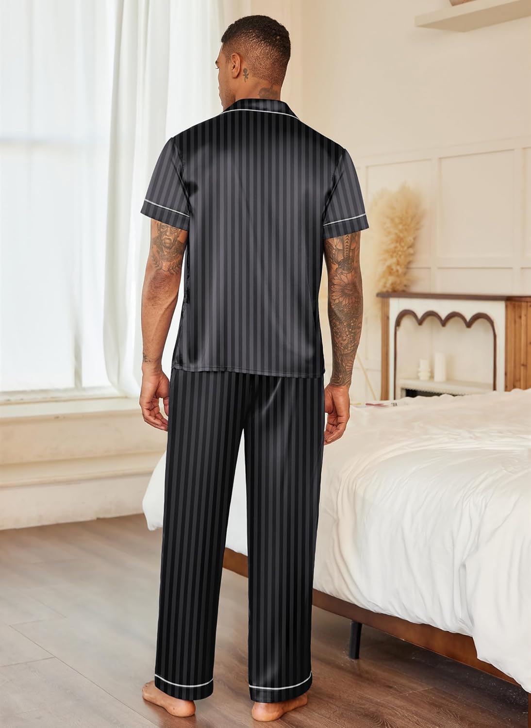 Ekouaer Mens Satin Pajama Set Short Sleeve Button Down Sleepwear Classic Loungewear Set with Long Pants - Image 5