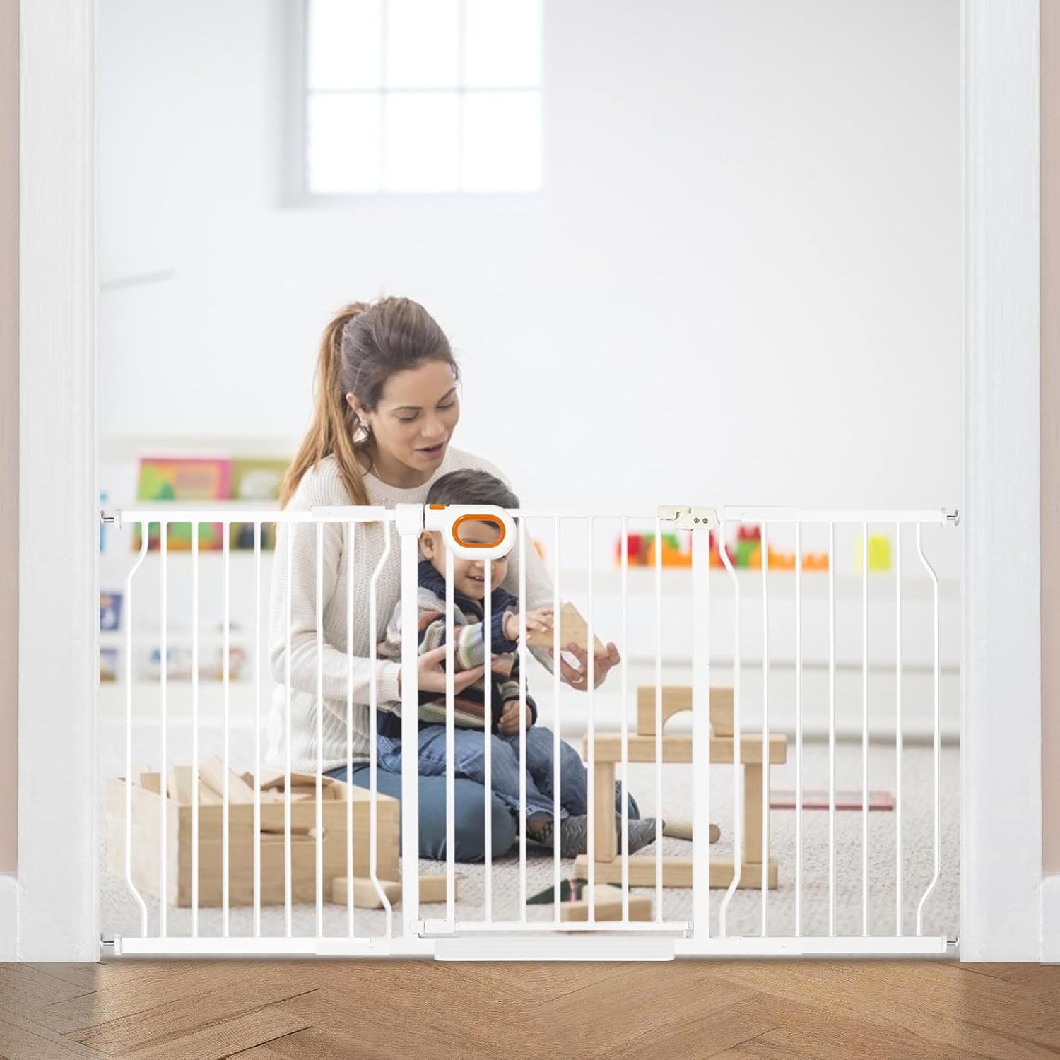 Extra Wide Baby Gate with Door Pressure Mounted 57.5-62.2 Inch,Child Dog Baby Safety Gates for Doorways,Walk Through Dog Gate Indoor for The House Kitchen Stairs No Drilling,Black