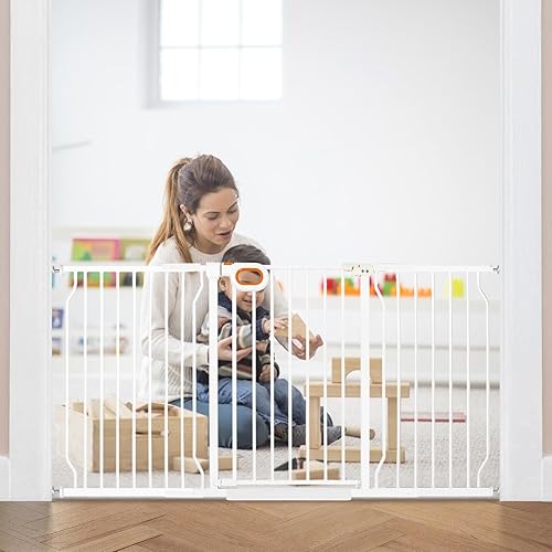 Puerta extra ancha para bebés con puerta montada a presión de 62.2 a 66.9 pulgadas, puertas de seguridad para perros, puertas de seguridad para