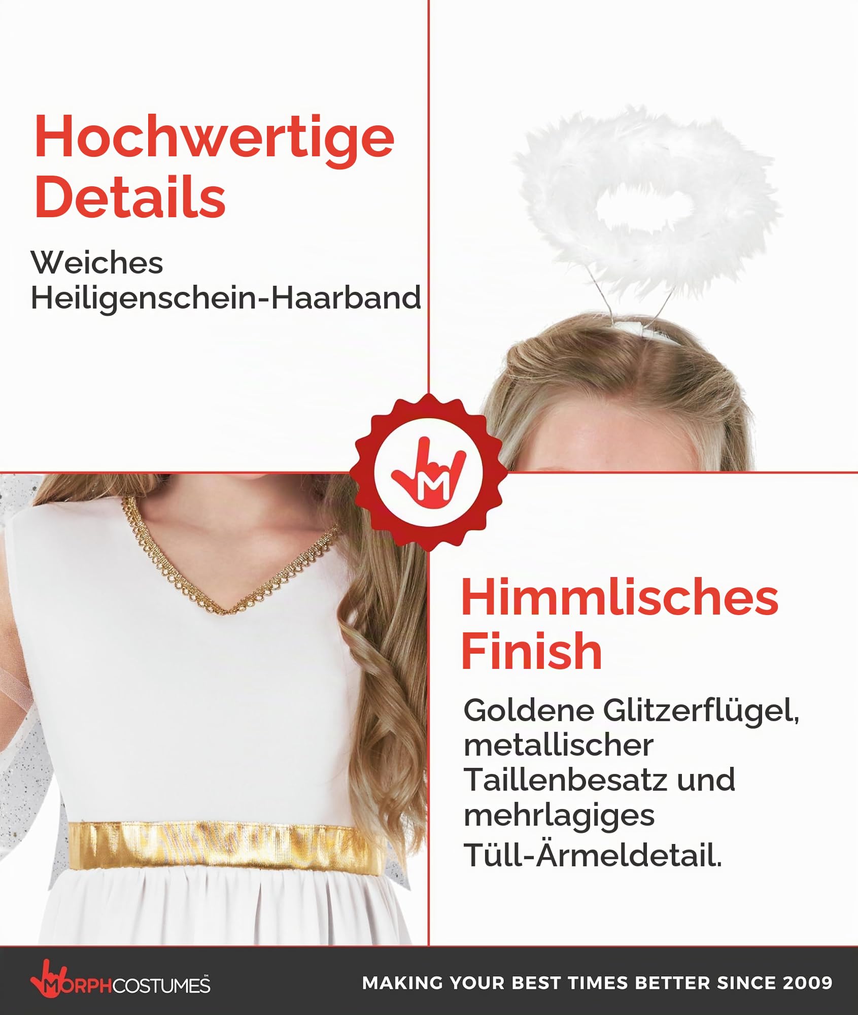 Morph Engel Kostüm Kinder, Himmlisches Halloween Kostüm Kinder | Kleid, Flügel & Heiligenschein, Weiß-goldenes Design, Zum Überziehen, Perfekt für Halloween, Ideal für Rollenspiele
