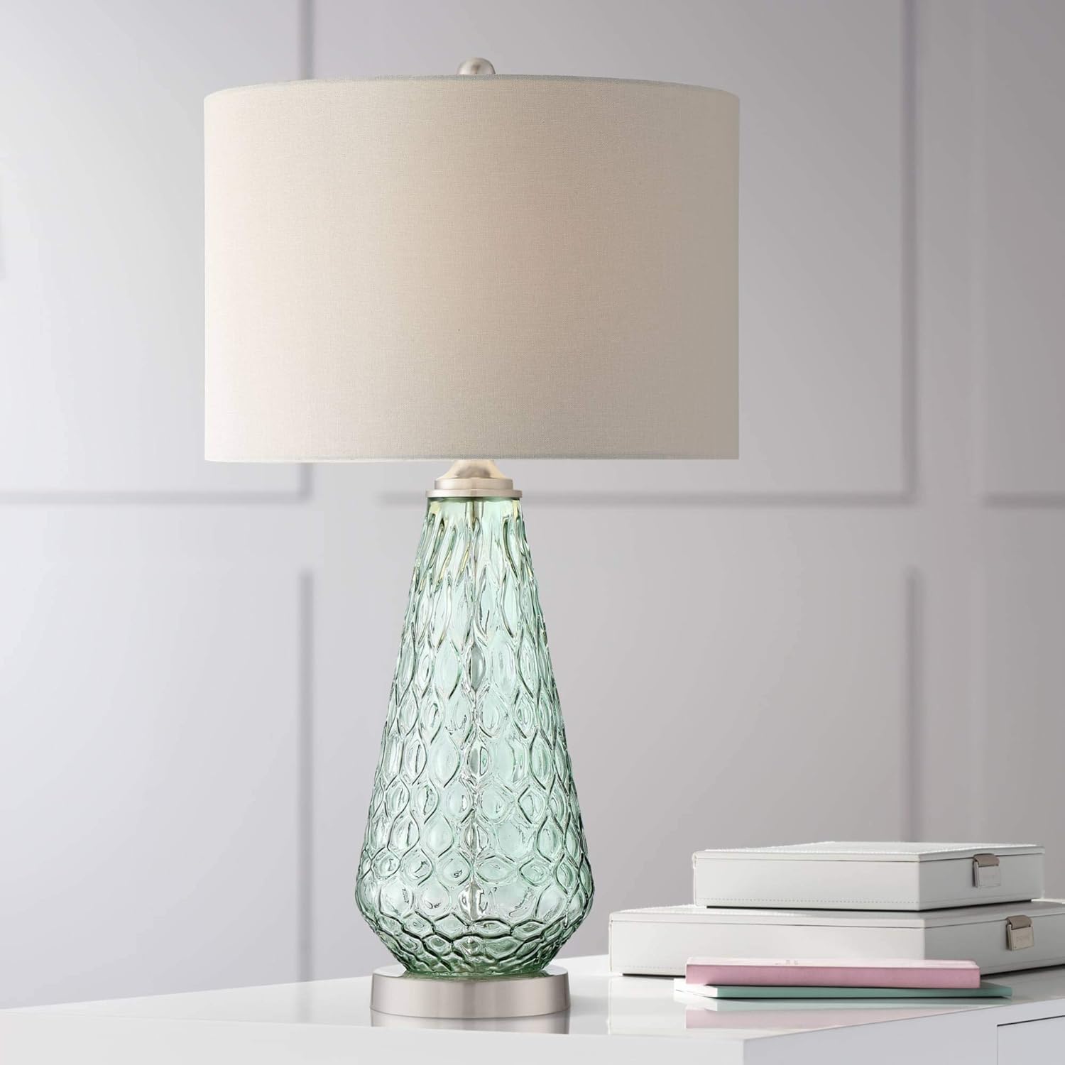 360 Lighting Julia Modern Coastal 3-Way Table Lamp 26 1/2" High with Table Top Dimmer Sea Foam Green Glass Off White Fabric Drum Shade for Bedroom Living Room House Home Bedside Nightstand Office
