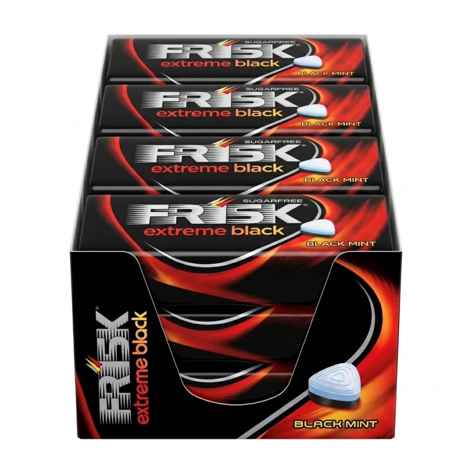 Frisk Extreme Black | Caramelle Dure Gusto Menta Forte | Senza Zucchero | Espositore da 12 Astucci in Metallo