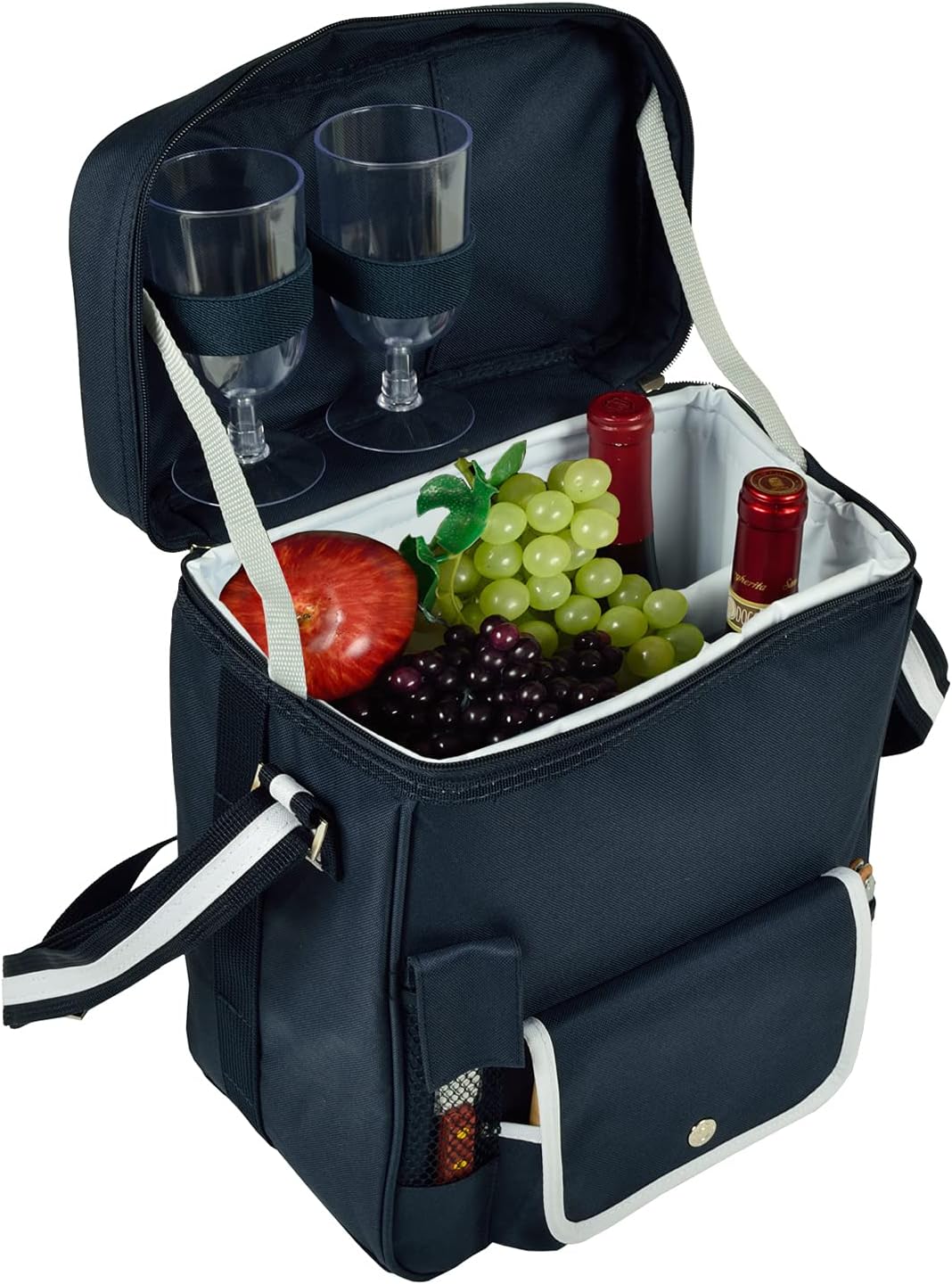 Picnic at Ascot Wine and Cheese Picnic Basket/Cooler with hardwood cutting Board, Cheese Knife and Corkscrew - Navy