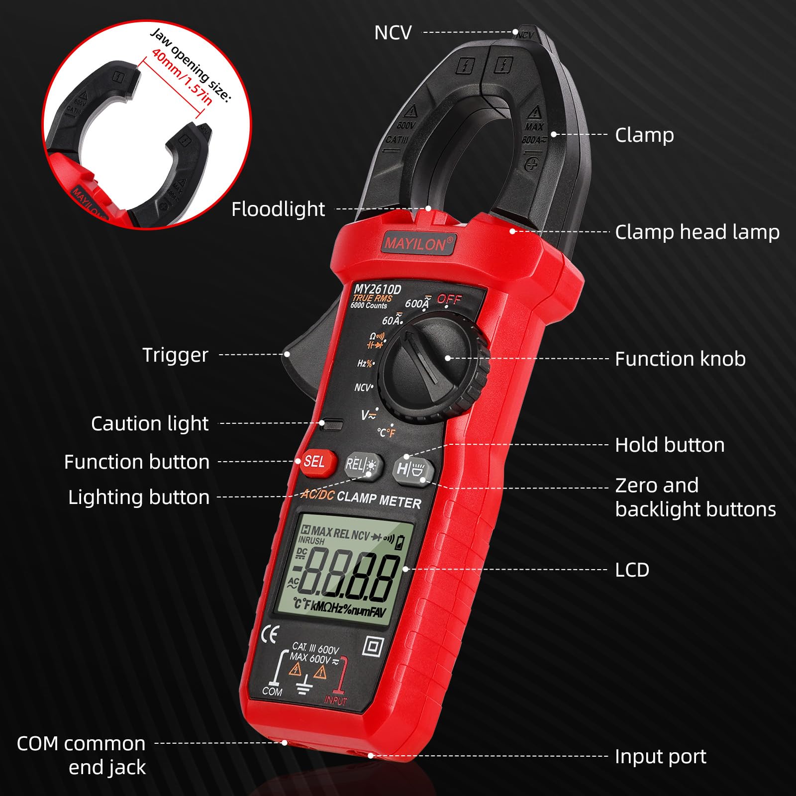 Stromzange DC/AC Zangenamperemeter Digital Clamp Meter: Strommesszange 600A 6000 Counts Digital Strommessgerät - Multimeter Amperemeter Voltmeter Tester