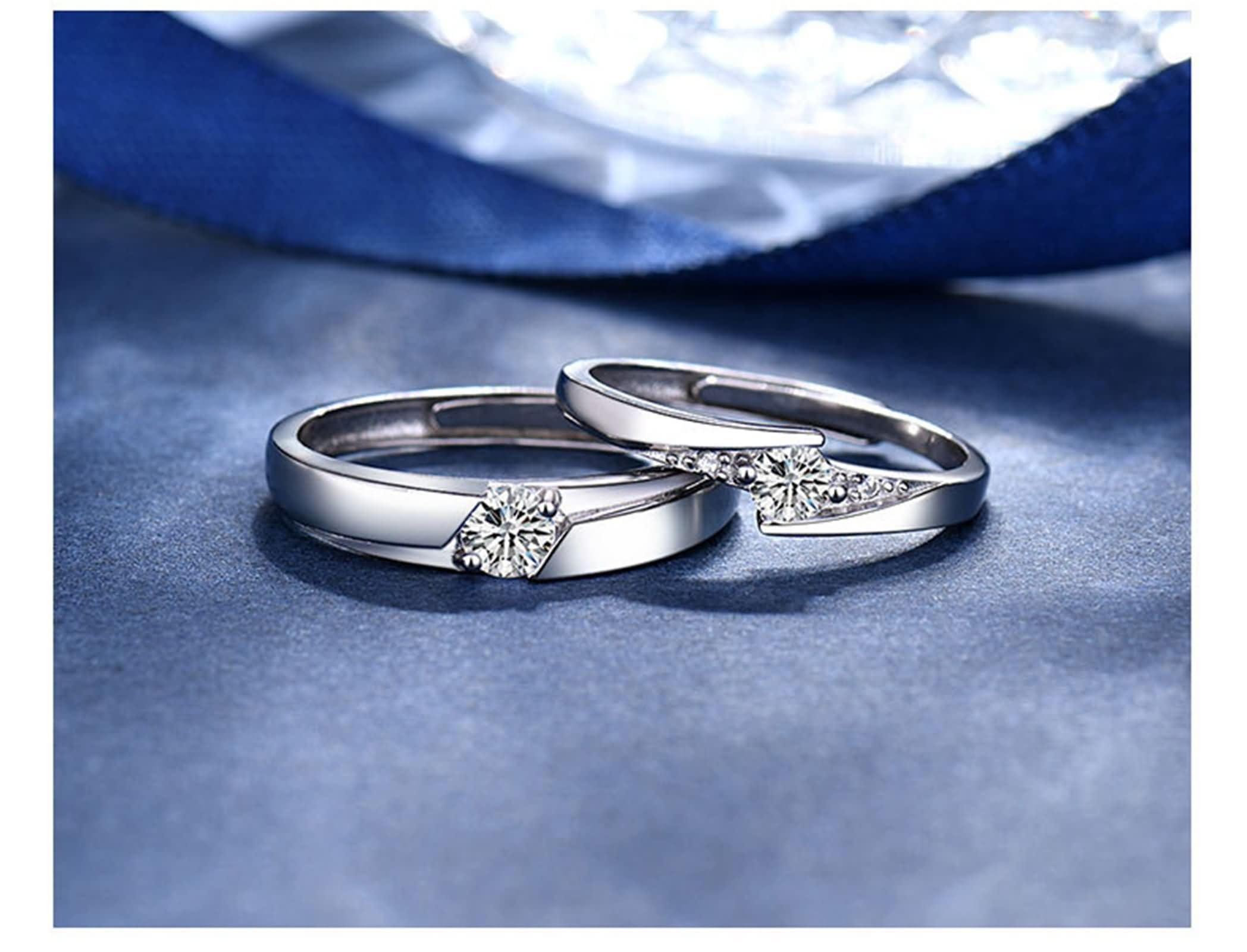 Anelli Fidanzamento Regolabili Coppia con Incisione Argento 925, Rotondo con Zirconia Cubica, Coppia Anelli Fidanzamento Argento