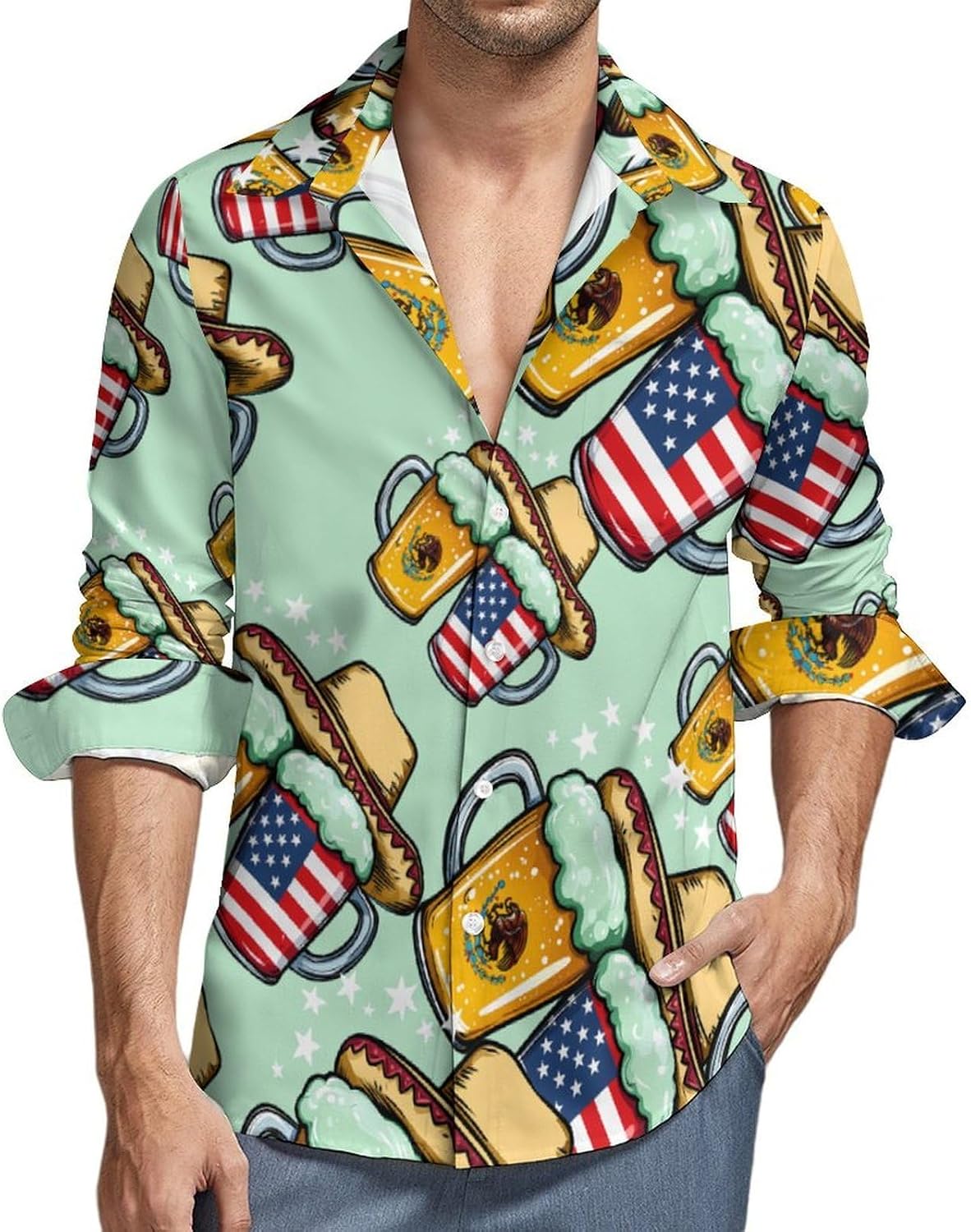 Beer Mexican USA Flag Long Sleeve Shirts Casual Dress Shirt Button-down T-shirts for Men