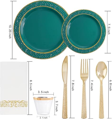 Miniatura 2 de FLOWERCAT 175 platos de plástico verde con borde dorado y platos de Navidad, platos de plástico verde y dorado y cubiertos de plástico dorado, ideal