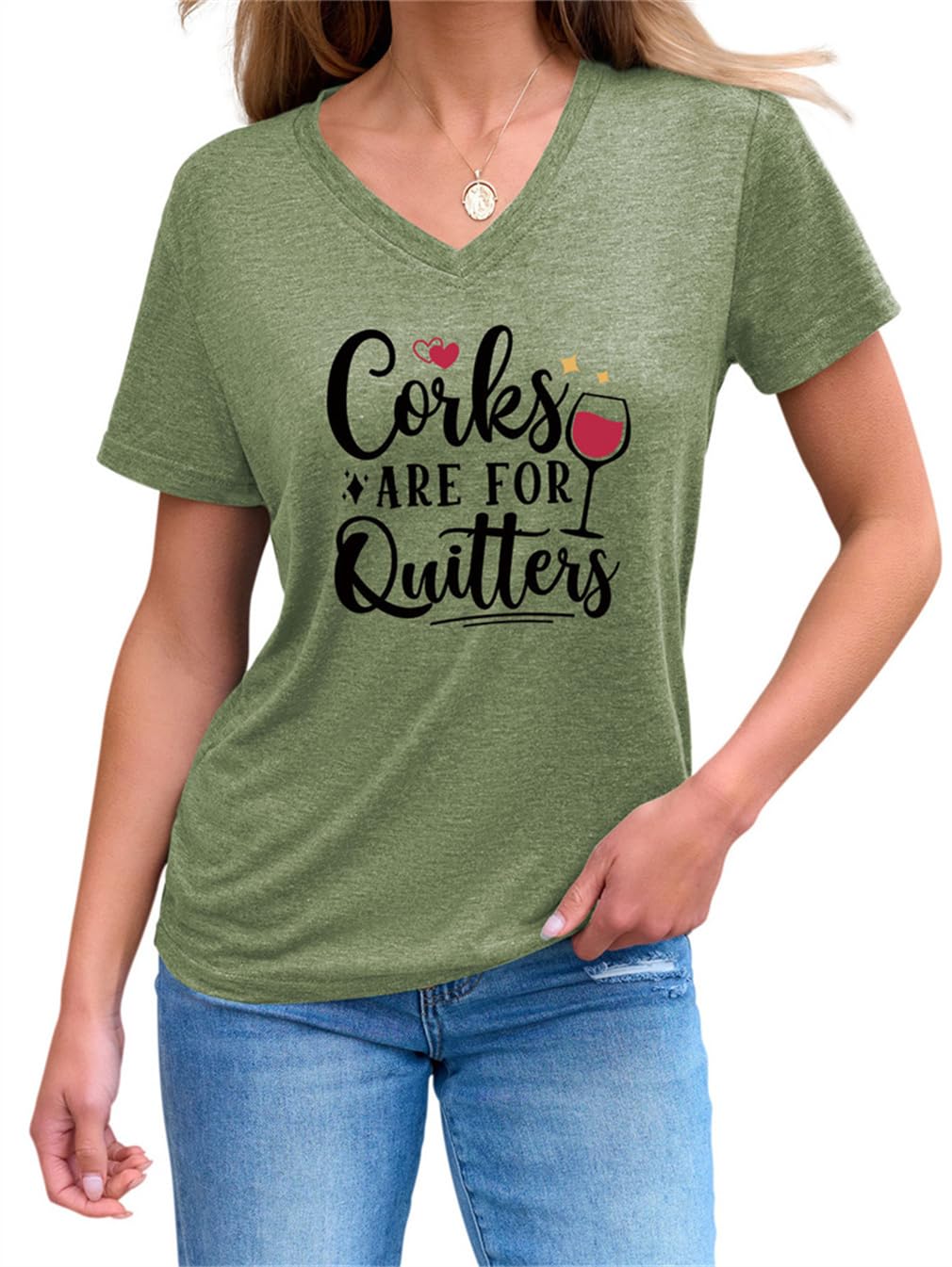 Corks are for Quitters - Camiseta de manga corta para mujer con cuello en V para amantes del vino