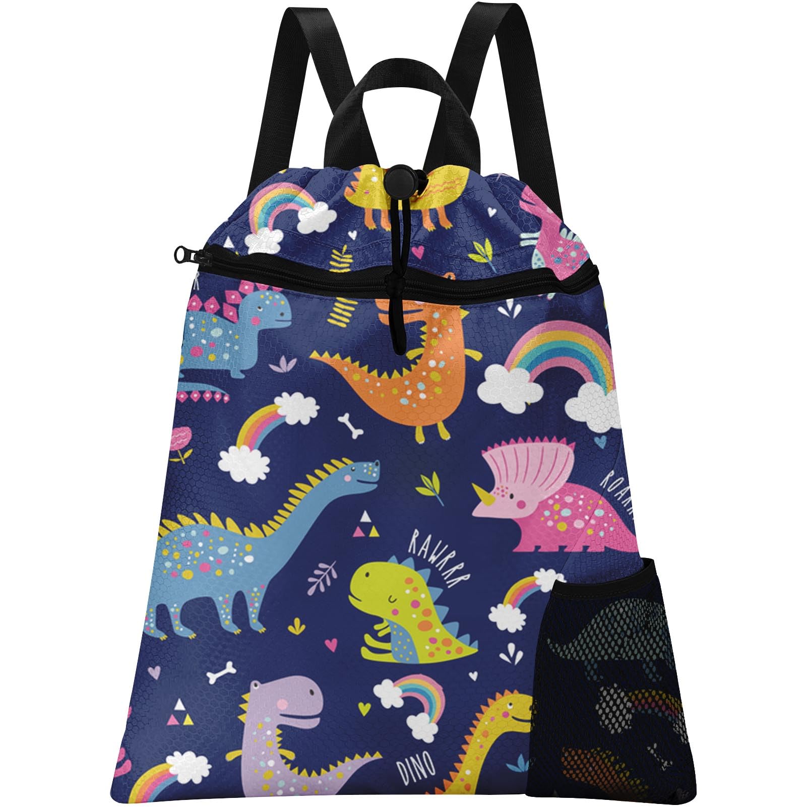 Britown Cartoon Dinosaur Drawstring Backpack, 15” x 17” Waterproof Swim Bag for Beach Swimming Pool, Lightweight Foldable Gym Bag with Water Bottle