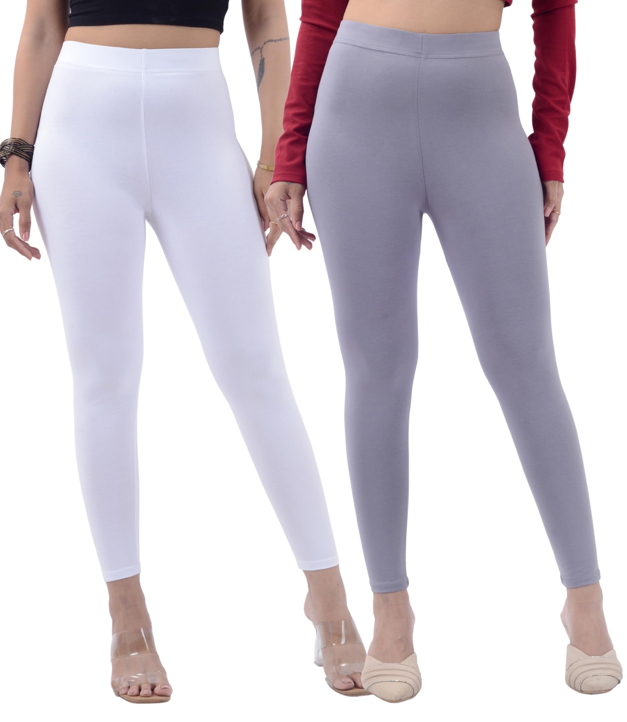 Cotton Ankle Length Leggings Combo Pack of 2 for Women & Girls | Stretchable Elastane Fabric | Non See Through | High Waist Regular Fit Casual Leggings-picture-50