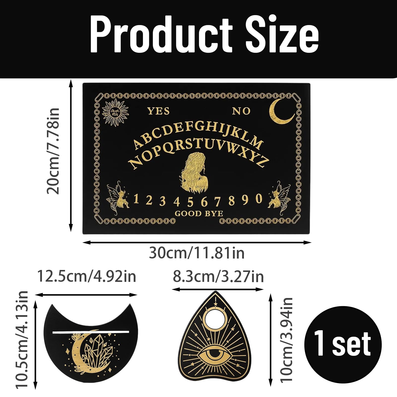 QXCFTW Ouija Board - Wooden Spirit Board Game with Planchette for Séance & Spirit Communication, Black, 30cm x 20cm - Image 2