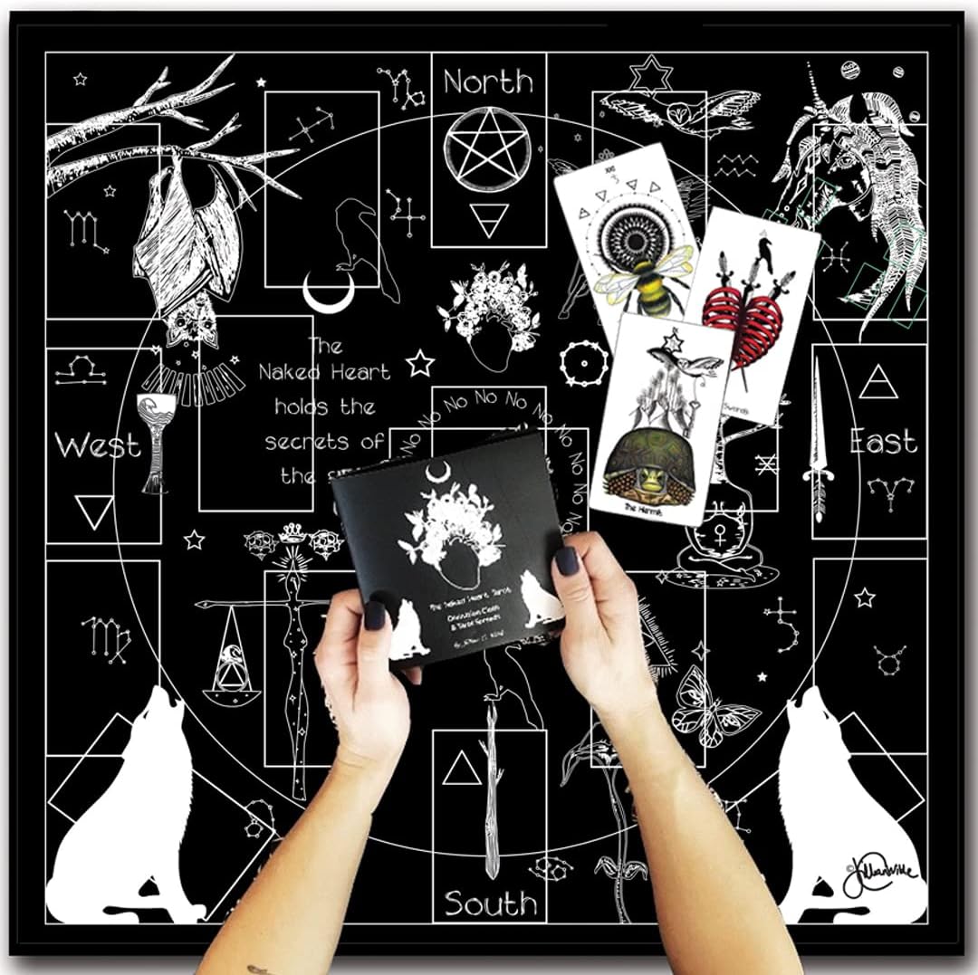 Naked Heart Tarot Cloth & Tarot Cards Spreads Booklet, Tarot Card Placement Cloth, Witch Tapestry, 27" Tarot Mat with Booklet (Fair Trade/Organic Cotton) Witchy Room Decor Aesthetic Jillian C. Wilde