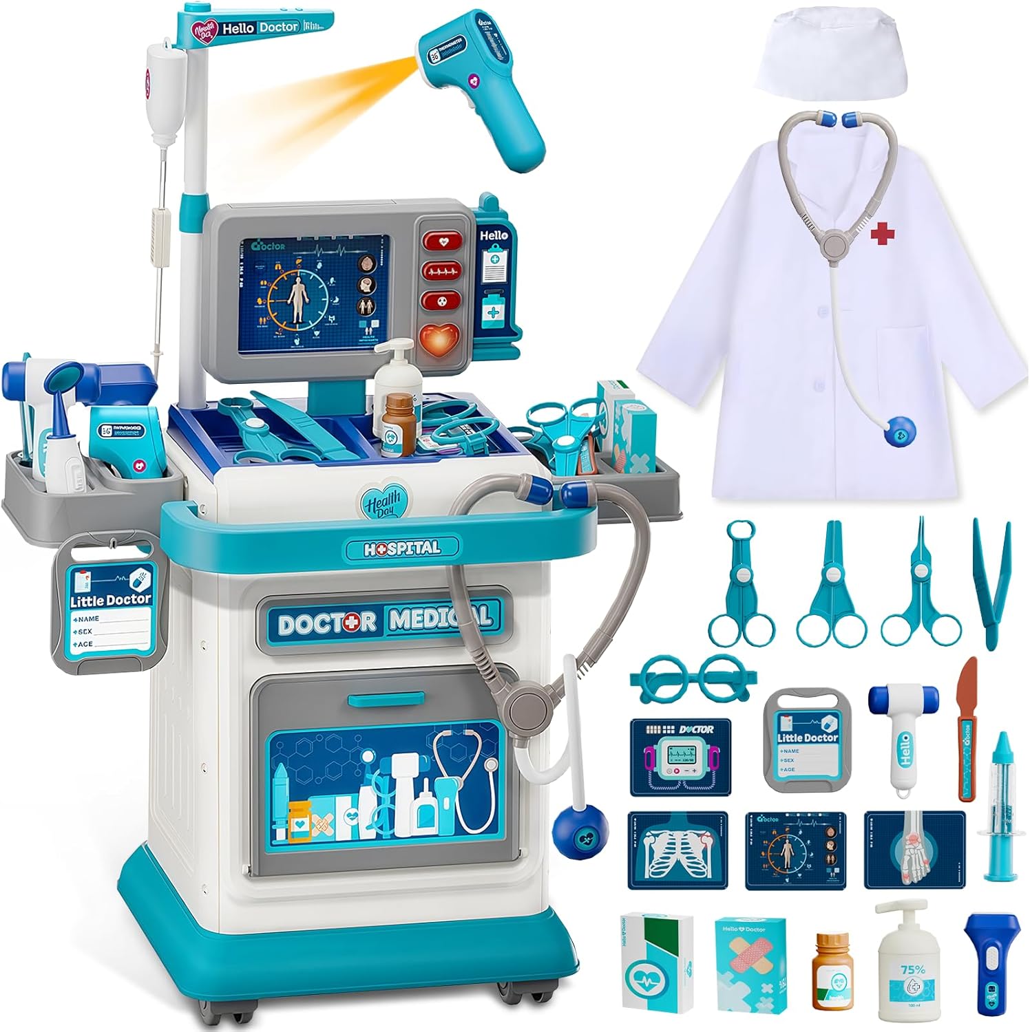 Doctor Kit for Toddlers 3-5, Pretend Doctors Play Set with Cart, Costume and Stethoscope for Kids Aged 3 4 5, Role Play Medical Toys for Girls Boys, Christmas Birthday Educational Gift for Toddler