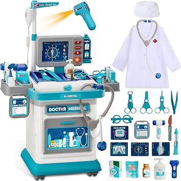 Doctor Kit for Toddlers 3-5, Pretend Doctors Play Set with Cart, Costume and Stethoscope for Kids Aged 3 4 5, Role Play Medical Toys for Girls Boys, Christmas Birthday Educational Gift for Toddler