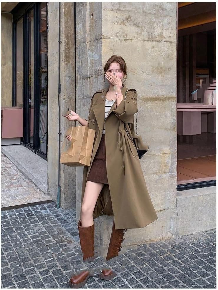 HSQIBAOER Women's Overcoats Spring Fall Brown Mid-Length British Style Niche Trench Coat
