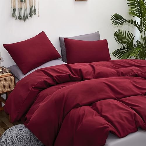 Miniatura 3 de Luxlovery Juego de edredón de 3 piezas, color burdeos, tamaño Queen, color rojo oscuro, para mujer, color rojo vino, carmesí, moderno, color