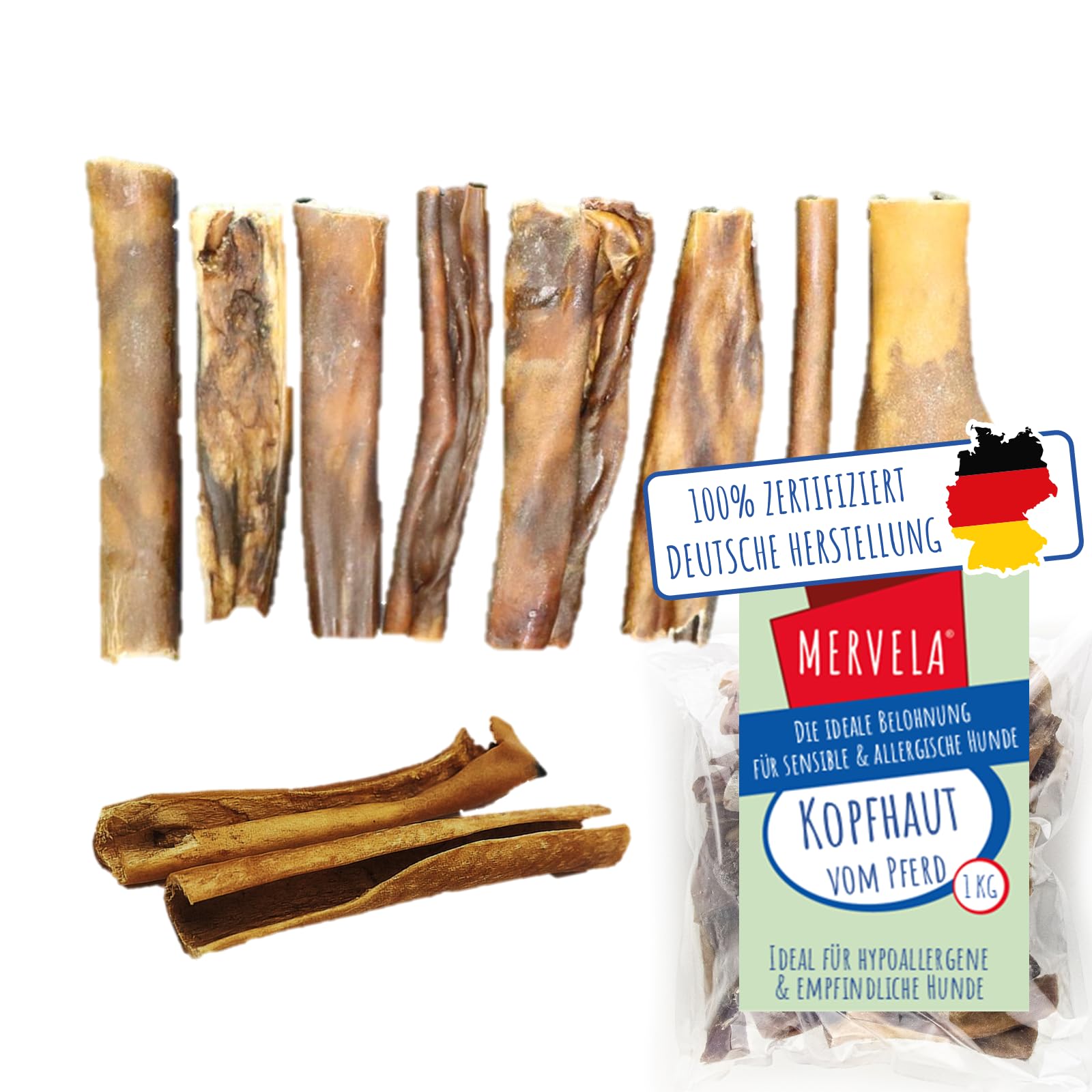 MERVELA Pferdekopfhaut ohne Fell | Hypoallergen | 1 kg | Qualität aus Deutschland | 12 cm Stücke | natürlicher Kauartikel | 100% Monoprotein Pferd