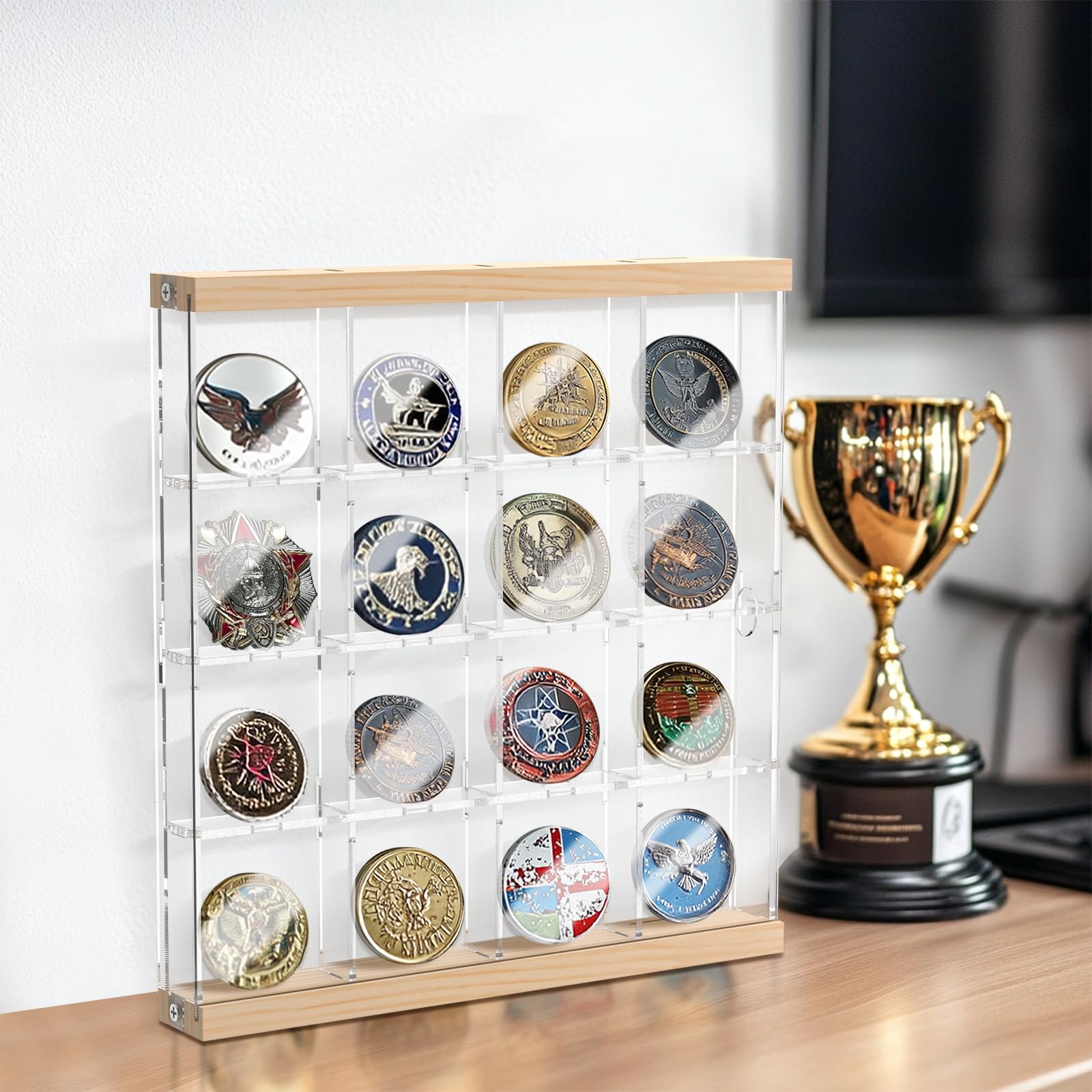 Nzwbshssp Clear Challenge Coin Display Case 16 /24 Compartments Acrylic Military Challenge Coin Holder Versatile Pin Display Case For Collectors(16 Grid)