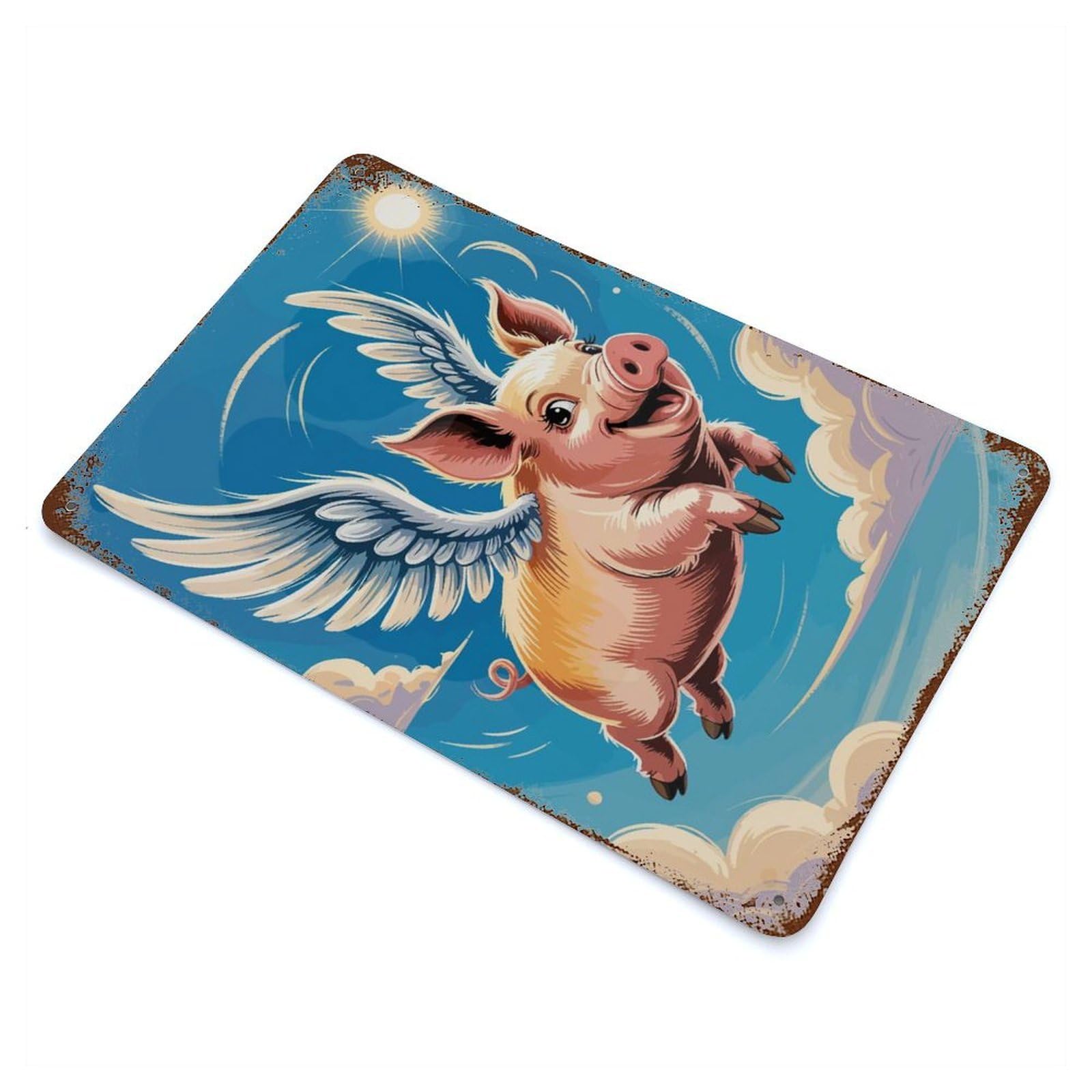 Flying Pig Cartoon Illustration Distressed Metal Wall Sign 11.8"x7.9", Rustic Home Decor for Farmhouse, Kitchen And Entryway Decor