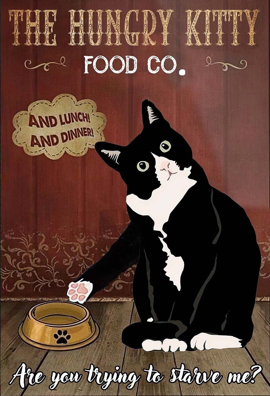 HOUVSSEN Metal Sign, The Hungry Kitty, Love Cats, Tuxedo Cat Lovers, Retro Tin Wall Art, 8x12 Inch