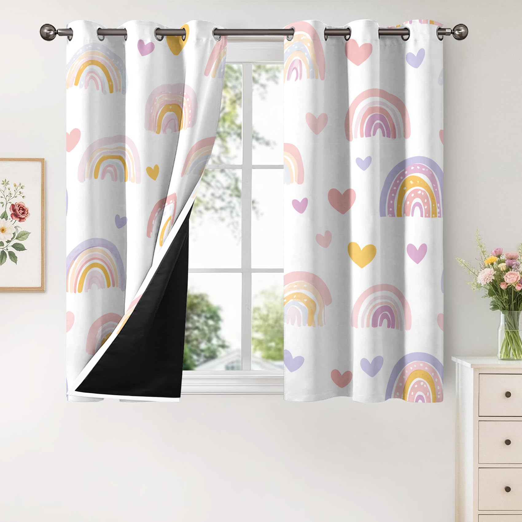 Generisch Herz Regenbogen Gardinen Blickdicht 2er Set, Vorhänge Mädchen Kinderzimmer Motiv mit Ösen, Wohnzimmer Schlafzimmer Deko, Thermovorhang Verdunkelung, H 175 x B 140 - M497
