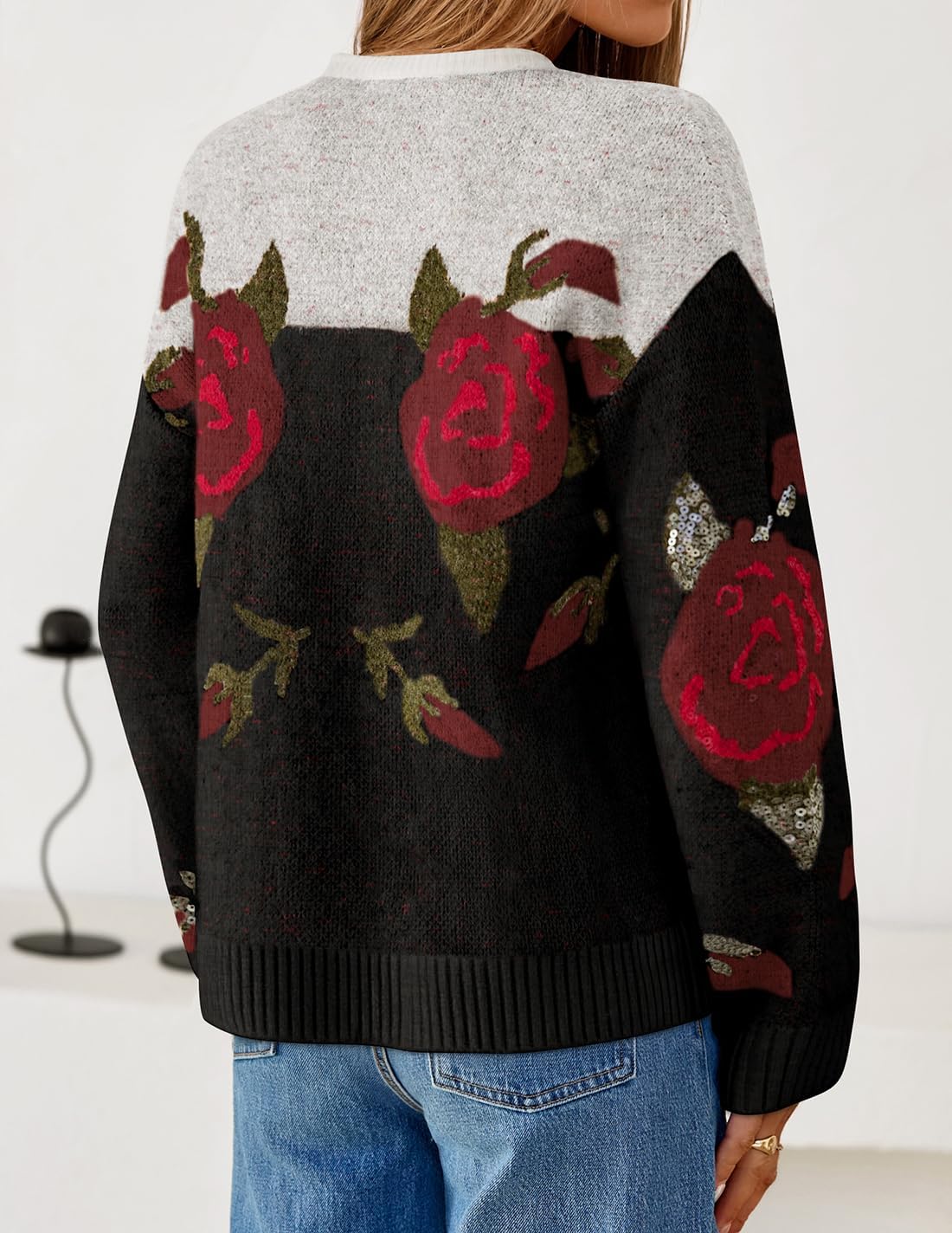 ZESICA Women's Floral Oversized Sweaters 2026 Fall Crewneck Long Sleeve Casual Chunky Knit Pullover Sweater Tops - Image 3