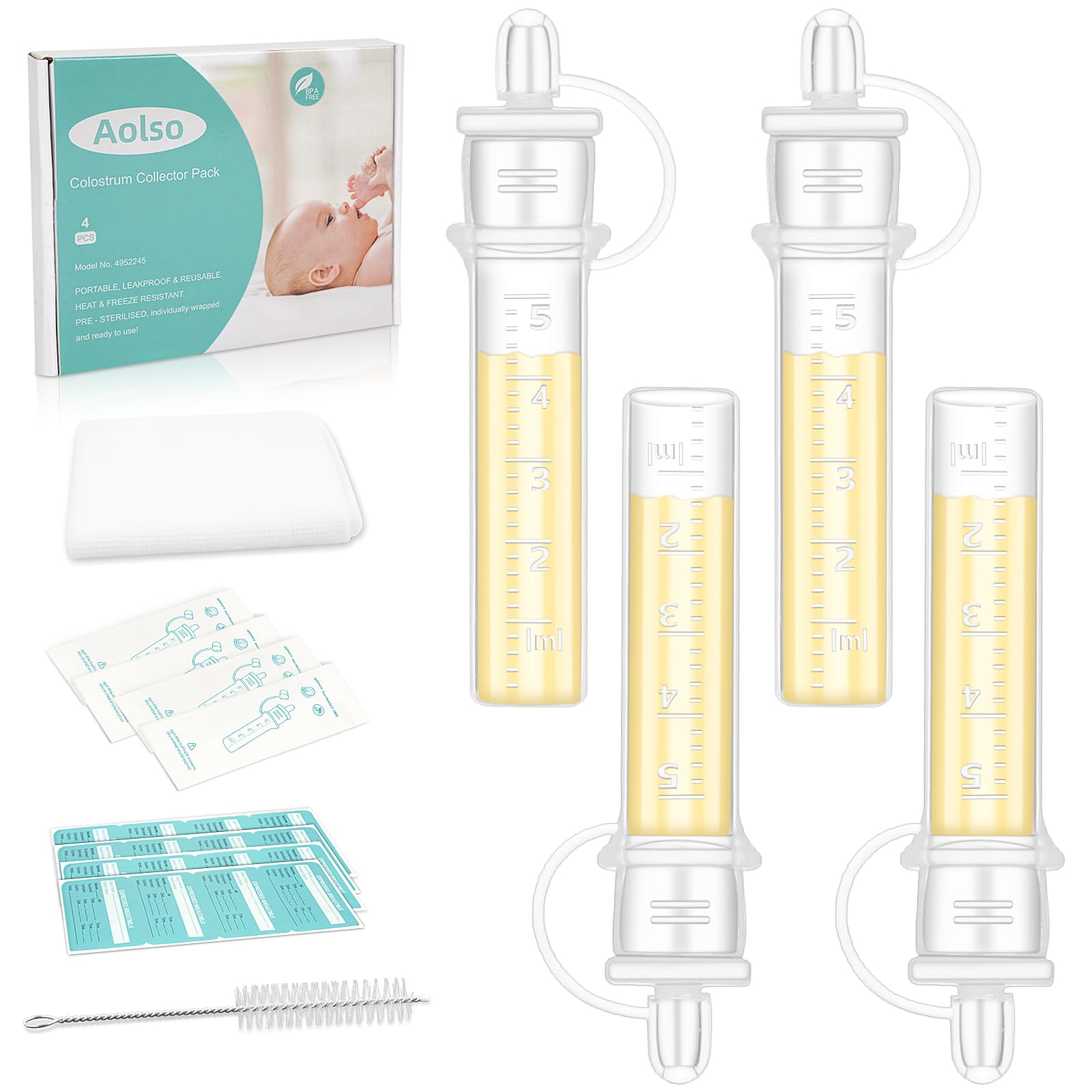 Aolso Colostrum Collector Kit,6ml/4pcs Silicone Breast Milk Collector,Reusable Colostrum Harvesting Kit with Cotton Cloth Wipe