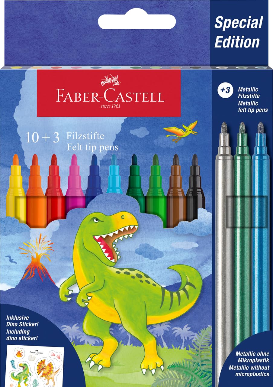 Faber-Castell 554214 – Cardboard Case with 13 Markers – 10 Classic Colours + 3 Metallic – Dinosaur Edition