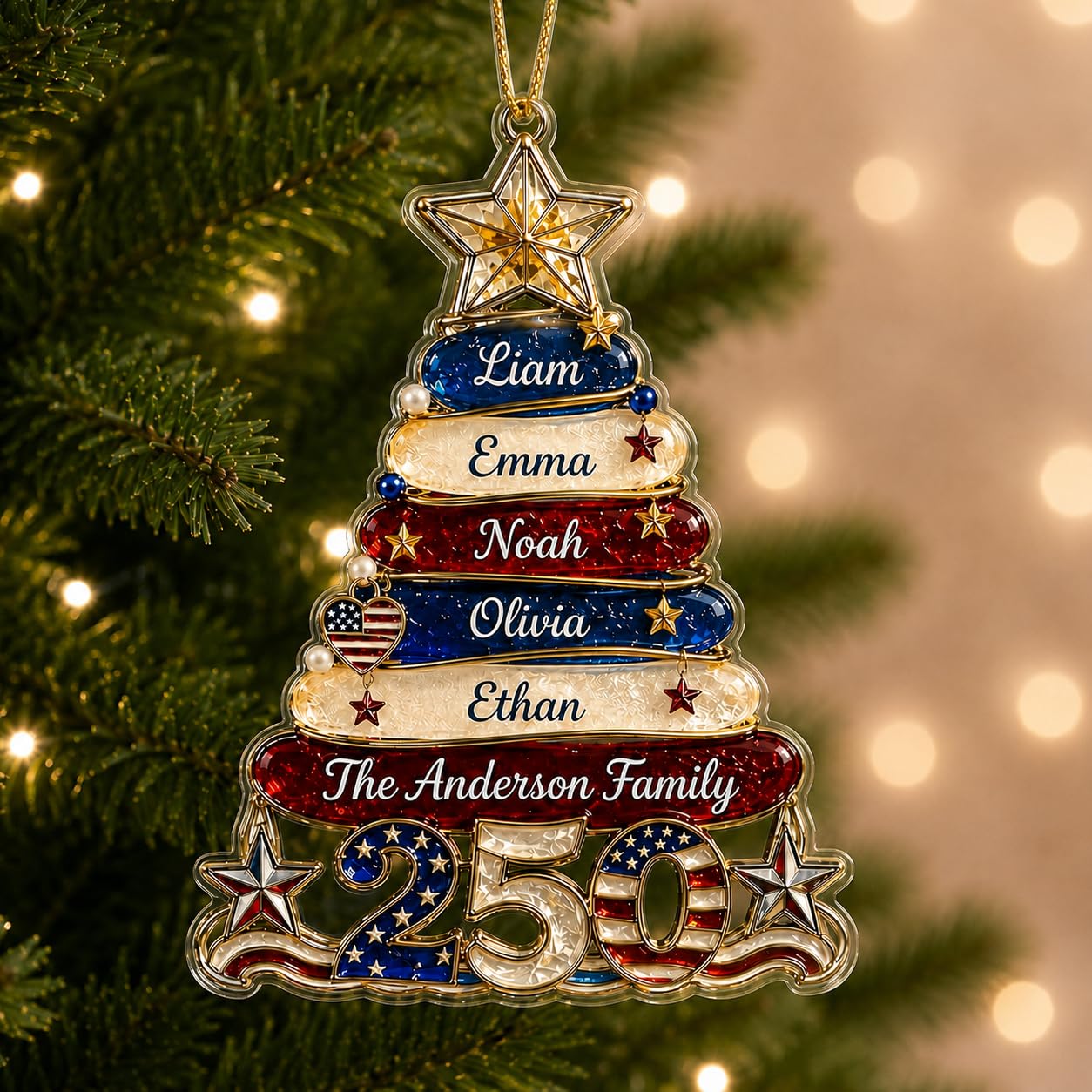 [Made in USA] Personalized 250th Anniversary USA Christmas Ornament, Custom Family Name &amp; Kids Names Patriotic Christmas Tree Ornament, 1776-2026 250 Years Holiday Keepsake Gift