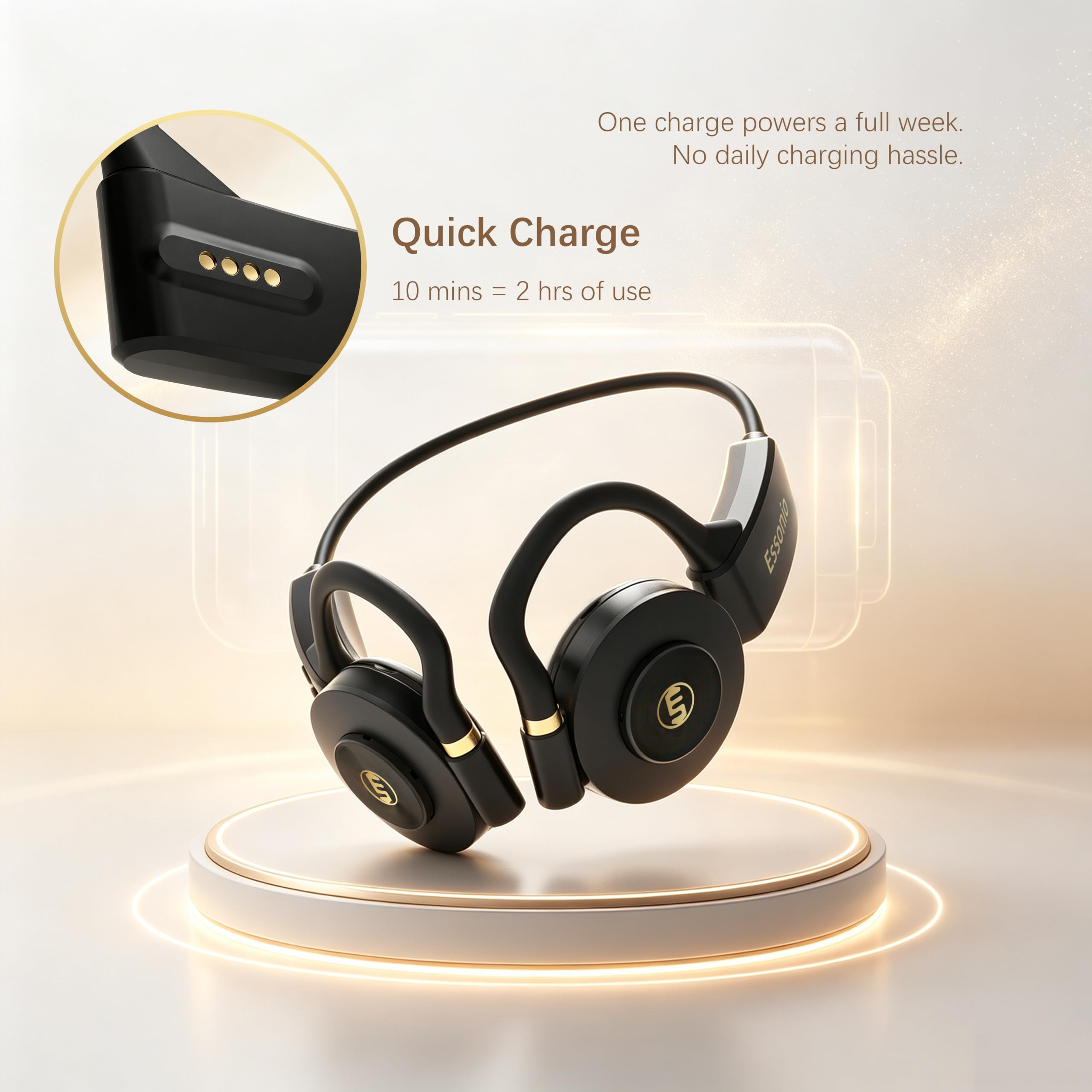 Essonio Auriculares de oreja abierta, graves profundos, inalámbricos, Bluetooth, conducción de aire, 3 niveles, graves profundos, banda ultra ancha, ANC 20H, reproducción multipunto, conexión clara