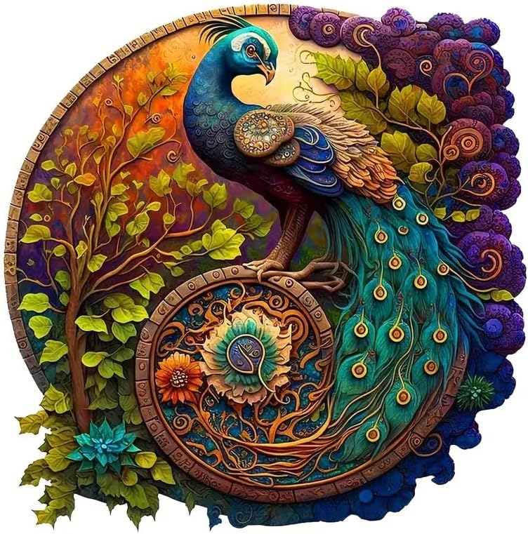 Wooden Puzzle for Adults Wood Cut Puzzles with Animal Shaped Pieces Unique Jigsaw Puzzles Magic Wooden Jigsaw Puzzles Great Gift for Your Family or Friends (S, Peacock)
