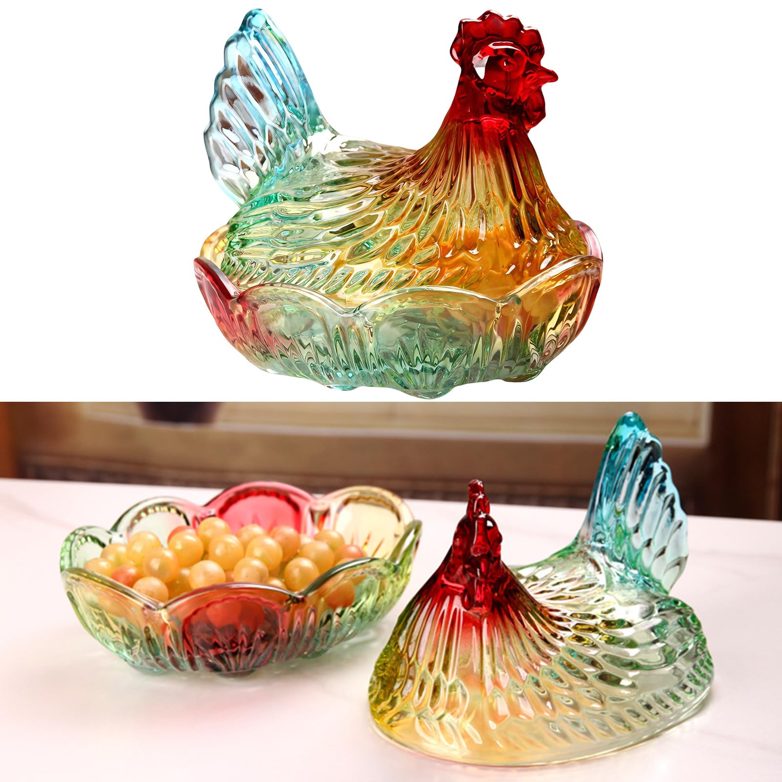 Greabuy Caja de caramelos de cristal para gallina en nido, tarros de dulces con tapa, plato de caramelo, decoración de mesa, plato de postre, plato de regalo de cristal para gallina